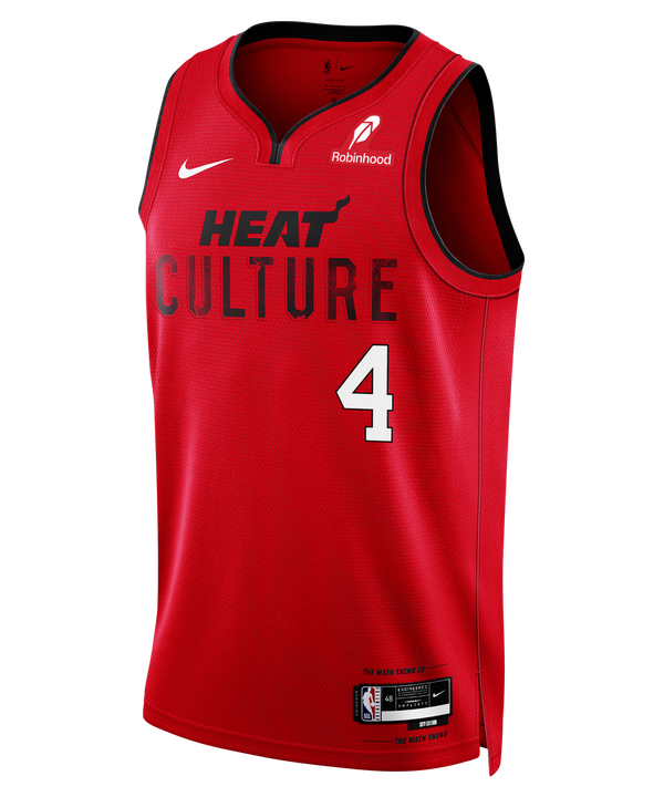 The Ryan Conwell Nike HEAT Culture: Blood Red Youth Swingman Jersey features bold black “HEAT CULTURE” lettering, number 4, and Nike, Robinhood, and NBA logos—exclusive to the 2024-25 season.