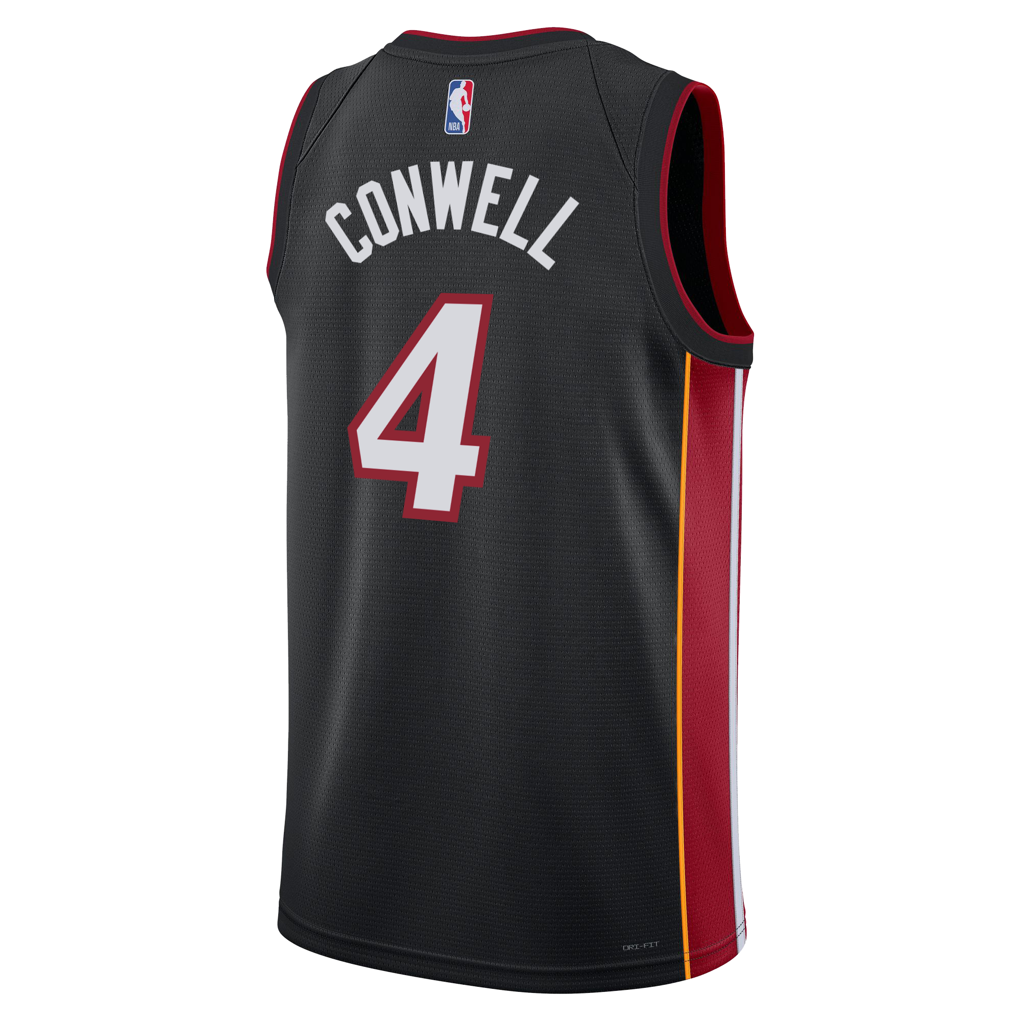 The Nike Miami HEAT Icon Black Swingman Jersey features red and yellow side panels, Dri-FIT moisture-wicking tech, the NBA logo on back, 