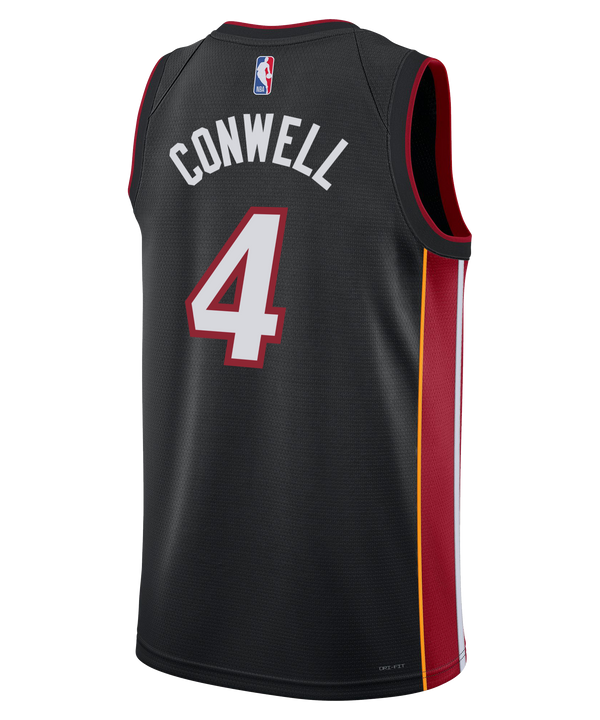The Nike Ryan Conwell Miami HEAT Icon Black Youth Swingman Jersey features red and white MIAMI text, number 4 front, red/yellow side stripes, Nike and Robinhood logos, and Dri-FIT tech for moisture-wicking comfort.