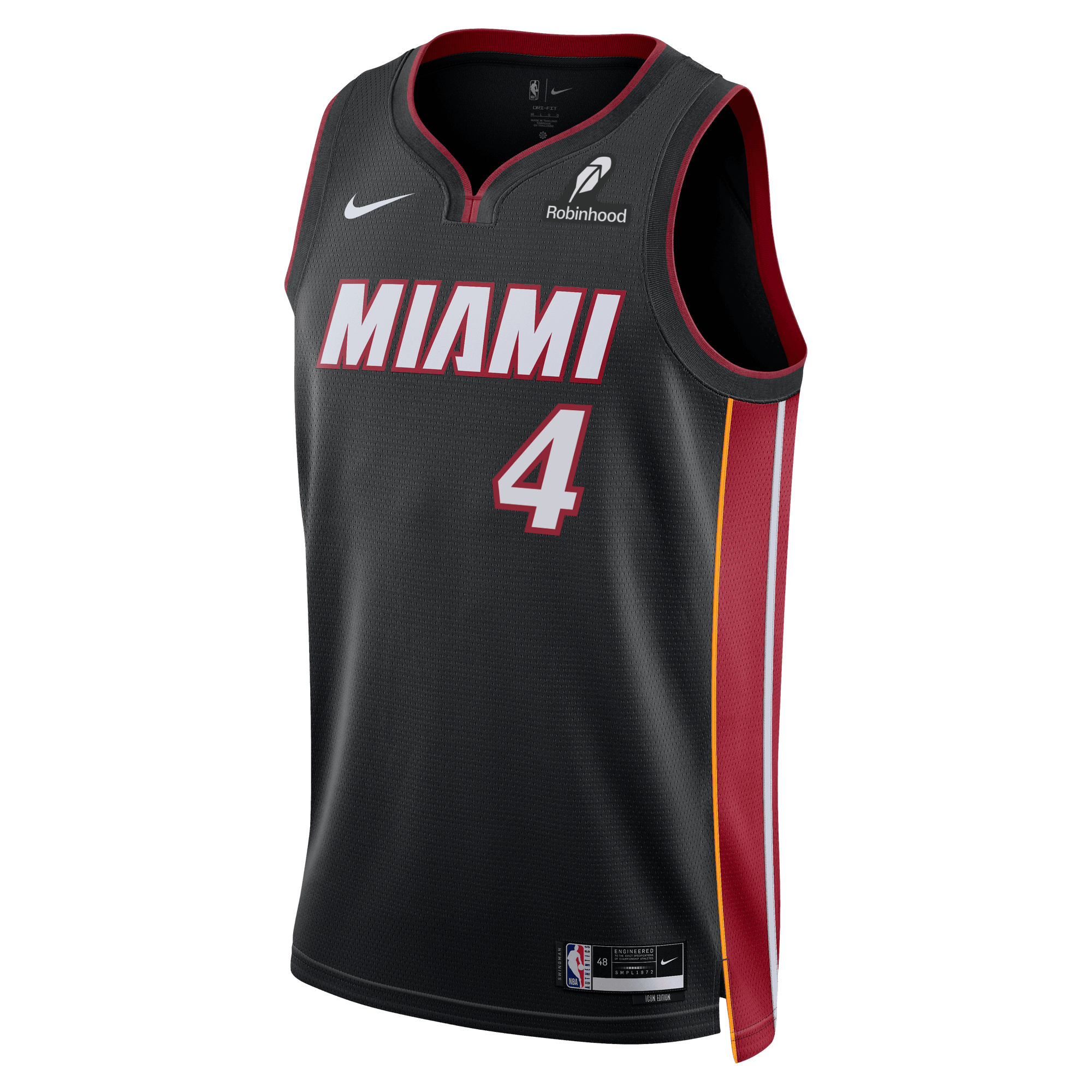The Ryan Conwell Nike Miami HEAT Icon Black Swingman Jersey features red and white MIAMI lettering, number 4, colorful side panels, and Nike branding. Made with Dri-FIT for moisture wicking and comfort on or off the court.