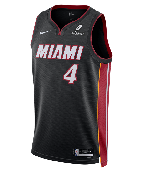 The Nike Ryan Conwell Miami HEAT Icon Black Youth Swingman Jersey features red and white MIAMI text, number 4 front, red/yellow side stripes, Nike and Robinhood logos, and Dri-FIT tech for moisture-wicking comfort.
