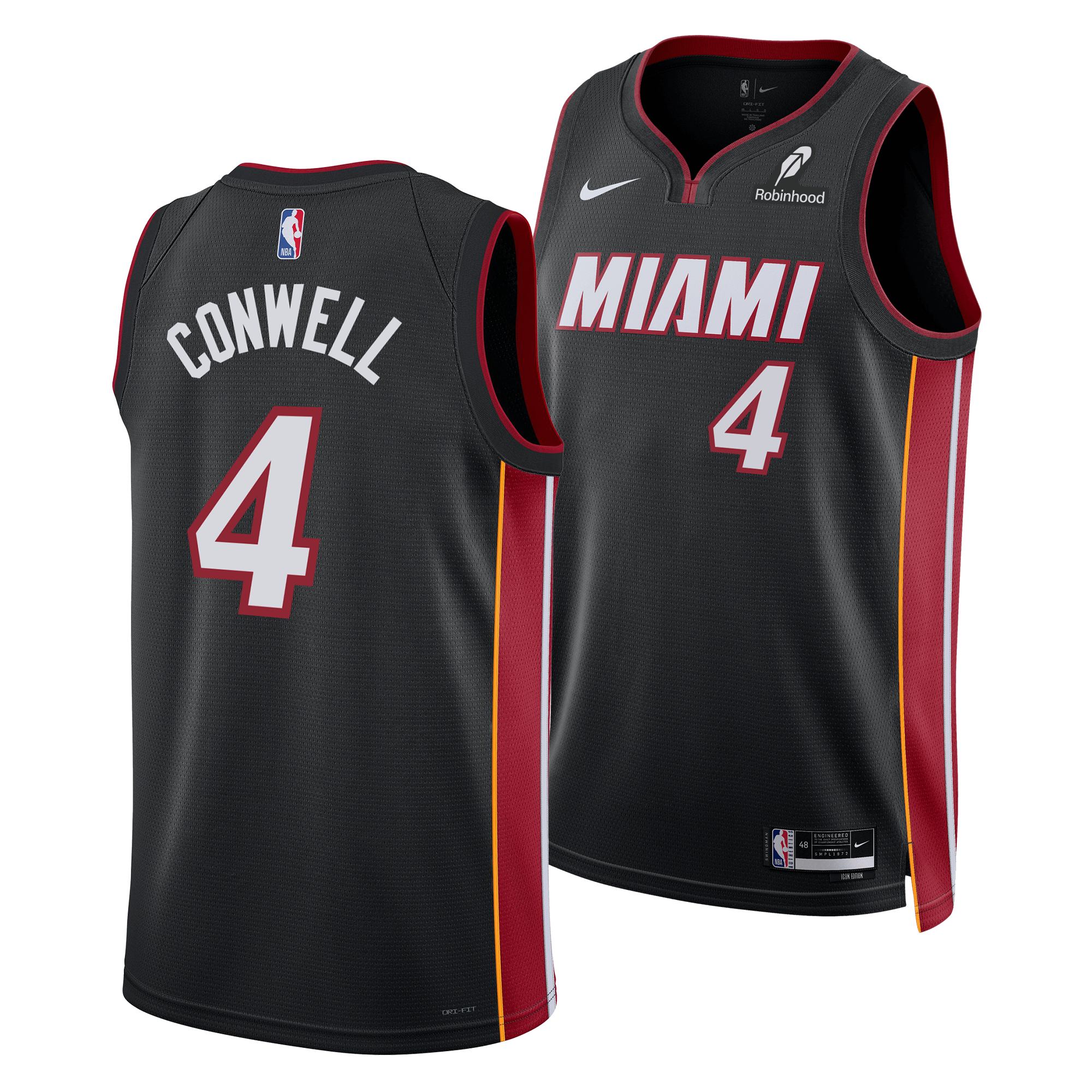 The Ryan Conwell Nike Miami HEAT Icon Black Swingman Jersey features red and yellow accents, number 4, Dri-FIT tech for moisture wicking, and stylish Robinhood and Nike logos—perfect for performance on or off the court.