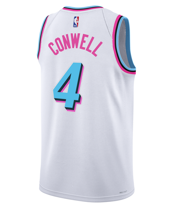 The Ryan Conwell Nike Original Vice Swingman Jersey by Nike is a white Miami HEAT uniform with pink and blue trim, blue number 4, 