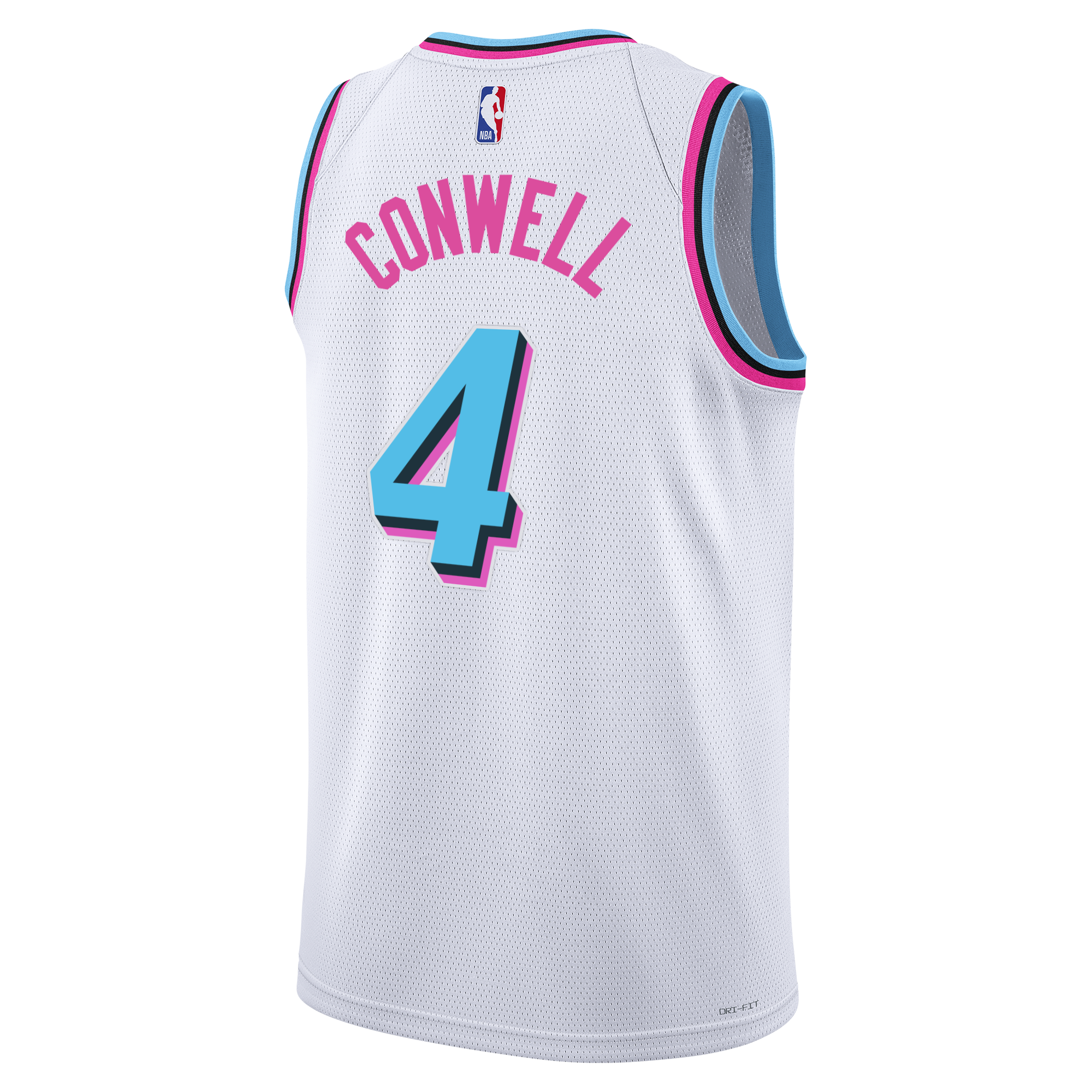The Nike Ryan Conwell Original Vice Youth Swingman Jersey features a white Miami HEAT design with blue and pink trim, CONWELL and number 4 in large blue letters outlined in pink on the back, plus the NBA logo at the top.