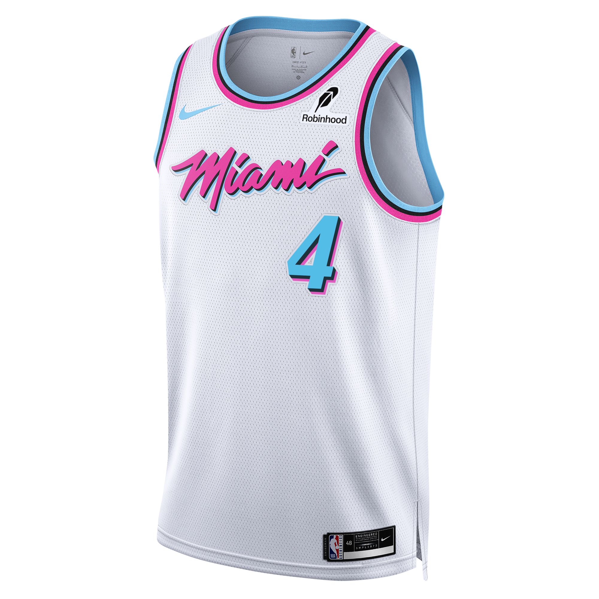 The Ryan Conwell Nike Original Vice Swingman Jersey by Nike is a white Miami HEAT uniform with pink and blue trim, blue number 4, 