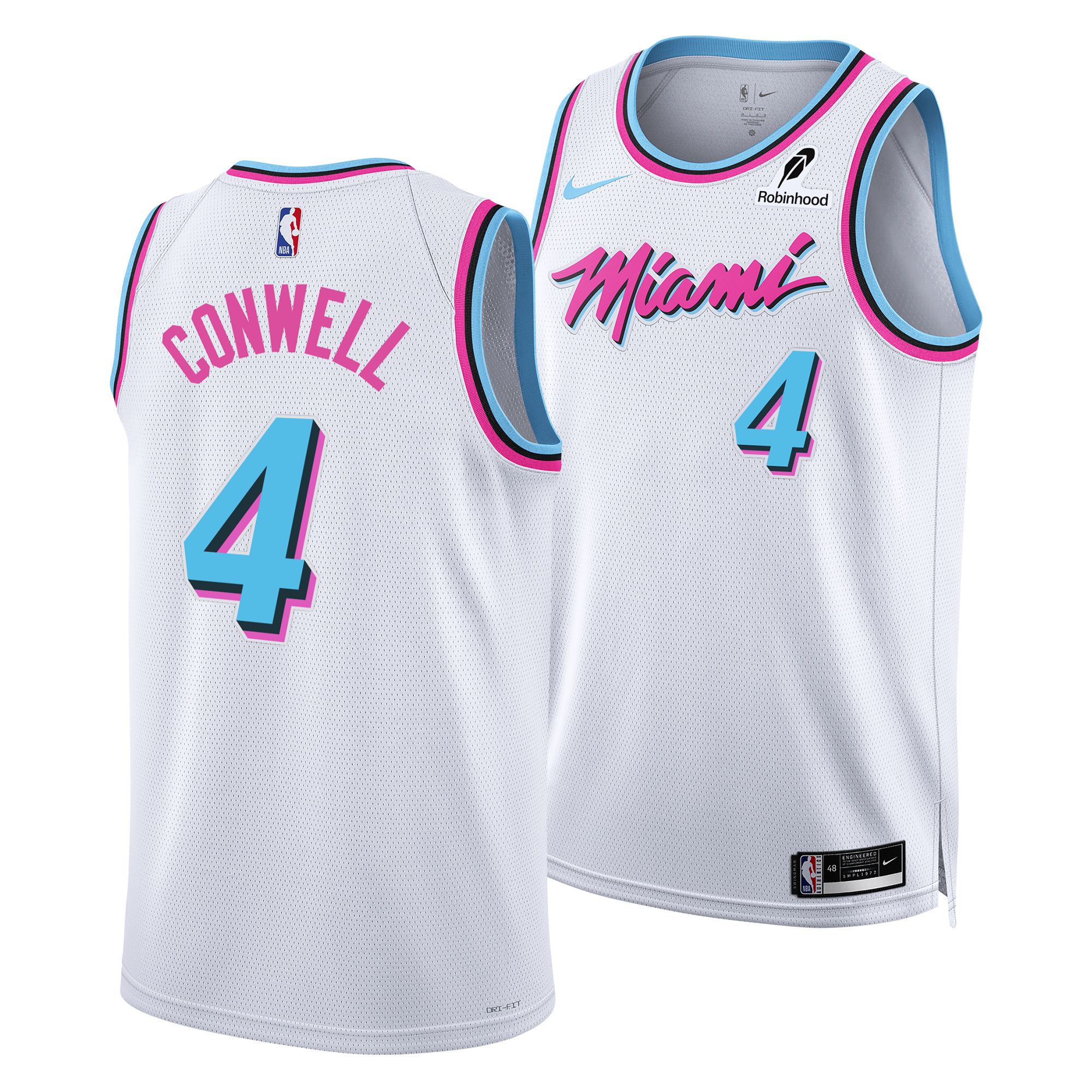 The Ryan Conwell Nike Original Vice Swingman Jersey features Miami and #4 on the front, CONWELL and #4 on the back, pink and blue trim inspired by the 1988 Miami Arena, Robinhood logo at right chest—Nike City Edition style.