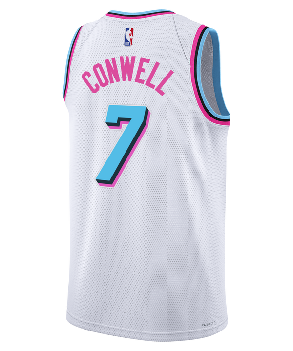 The Ryan Conwell Nike Original Vice Youth Swingman Jersey by Nike features a white City Edition design with the 1988 MIAMI pink script, blue #7 with pink trim, blue collar and armholes, plus Nike, Robinhood, and NBA logos—classic HEAT Vice style.
