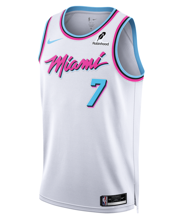 The Ryan Conwell Nike Original Vice Swingman Jersey by Nike features a white Miami HEAT design with blue and pink accents, pink 