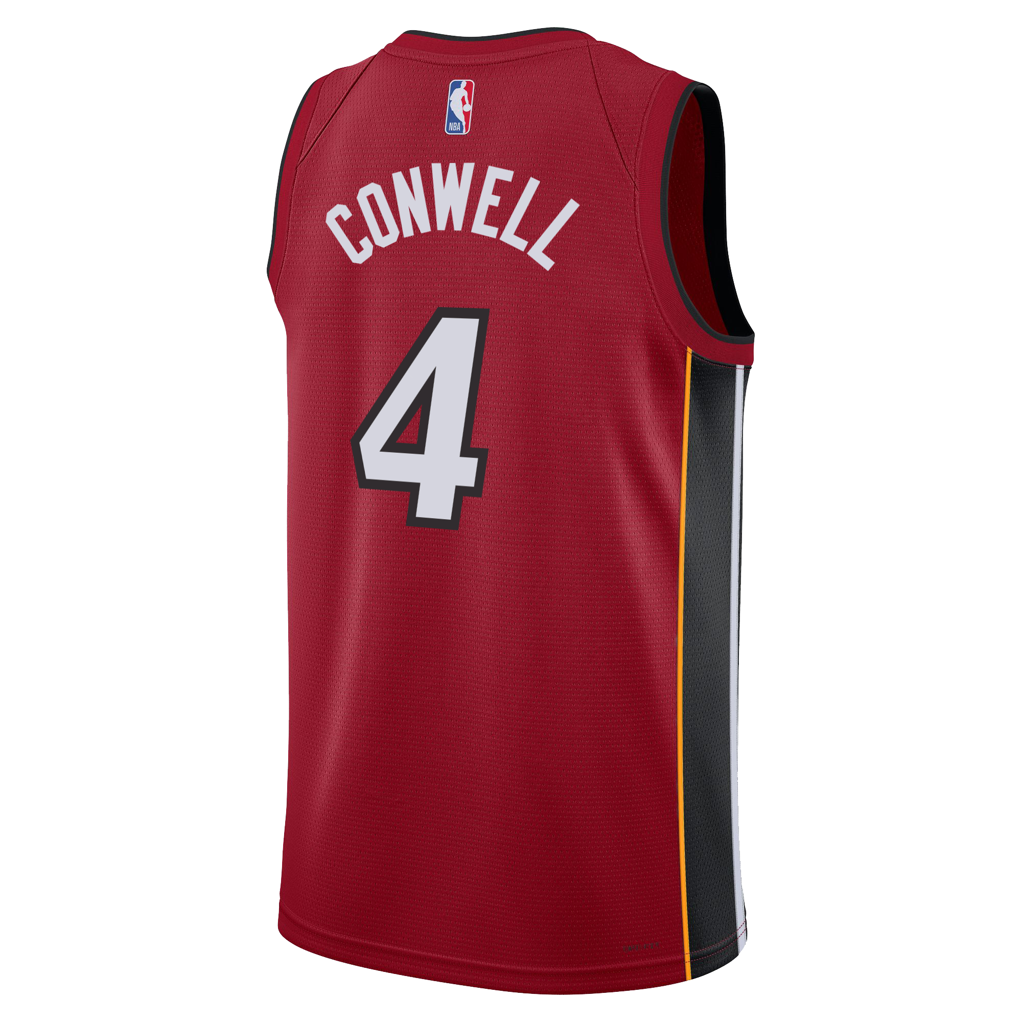 The Nike Ryan Conwell Jordan Brand Miami HEAT Statement Red Swingman Youth Jersey features black and yellow side panels, 