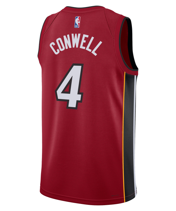 The Ryan Conwell Nike Jordan Brand Miami HEAT Statement Red Swingman Youth Jersey features number 4, white MIAMI text, black/yellow side panels, Dri-FIT tech, and Jordan Brand, Robinhood, and NBA logos on the front.