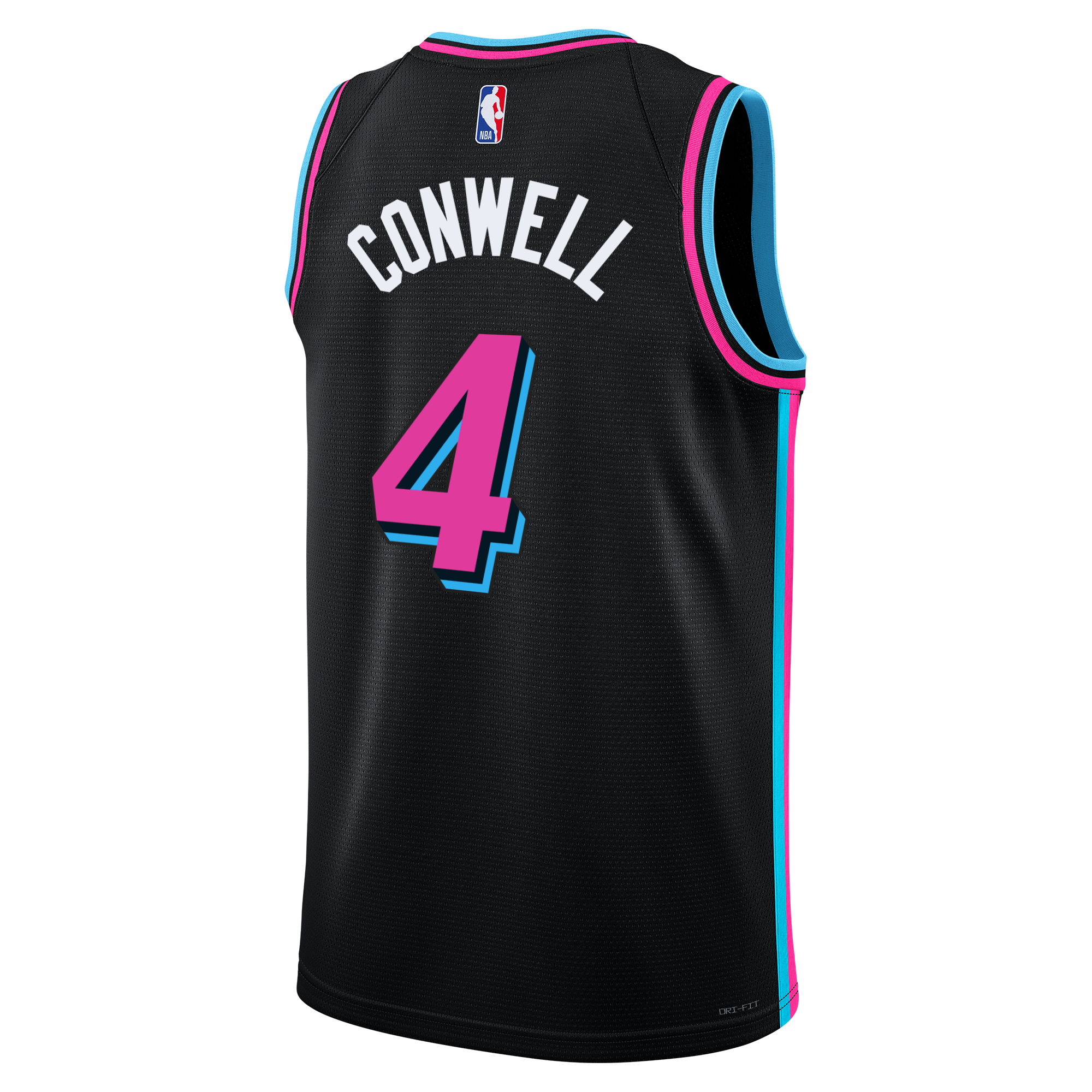 The Nike Ryan Conwell Original Vice Nights Youth Swingman Jersey features black fabric with pink and blue trim, 