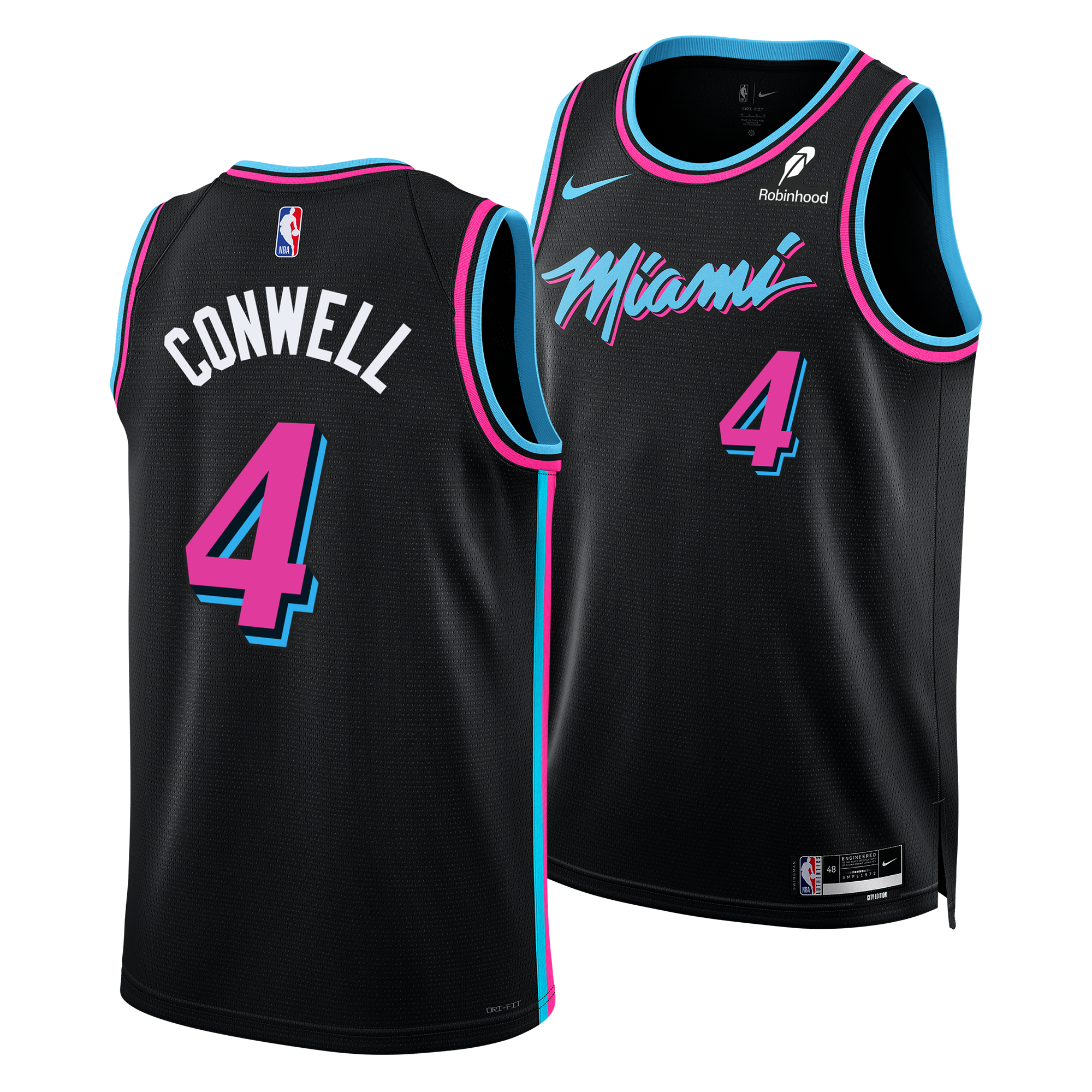 Front and back view of the Nike Ryan Conwell Original Vice Nights Youth Swingman Jersey in black with neon pink and blue trim, number 4, Conwell on the back, Miami logo and Robinhood sponsor on front; moisture-wicking design.