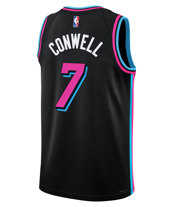 The Ryan Conwell Nike Original Vice Nights Swingman Jersey features a black design with pink and blue accents, number 7, 