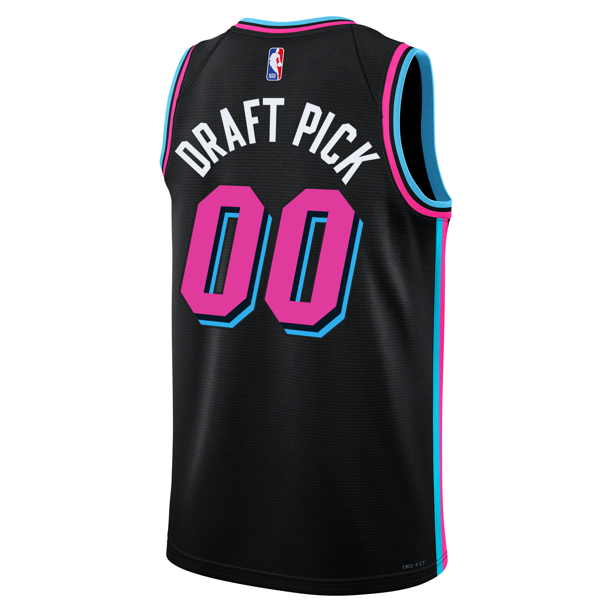 Back view of the Nike Ryan Conwell Original Vice Nights Youth Swingman Jersey, featuring Dri-FIT tech, pink and blue trim, NBA logo, 