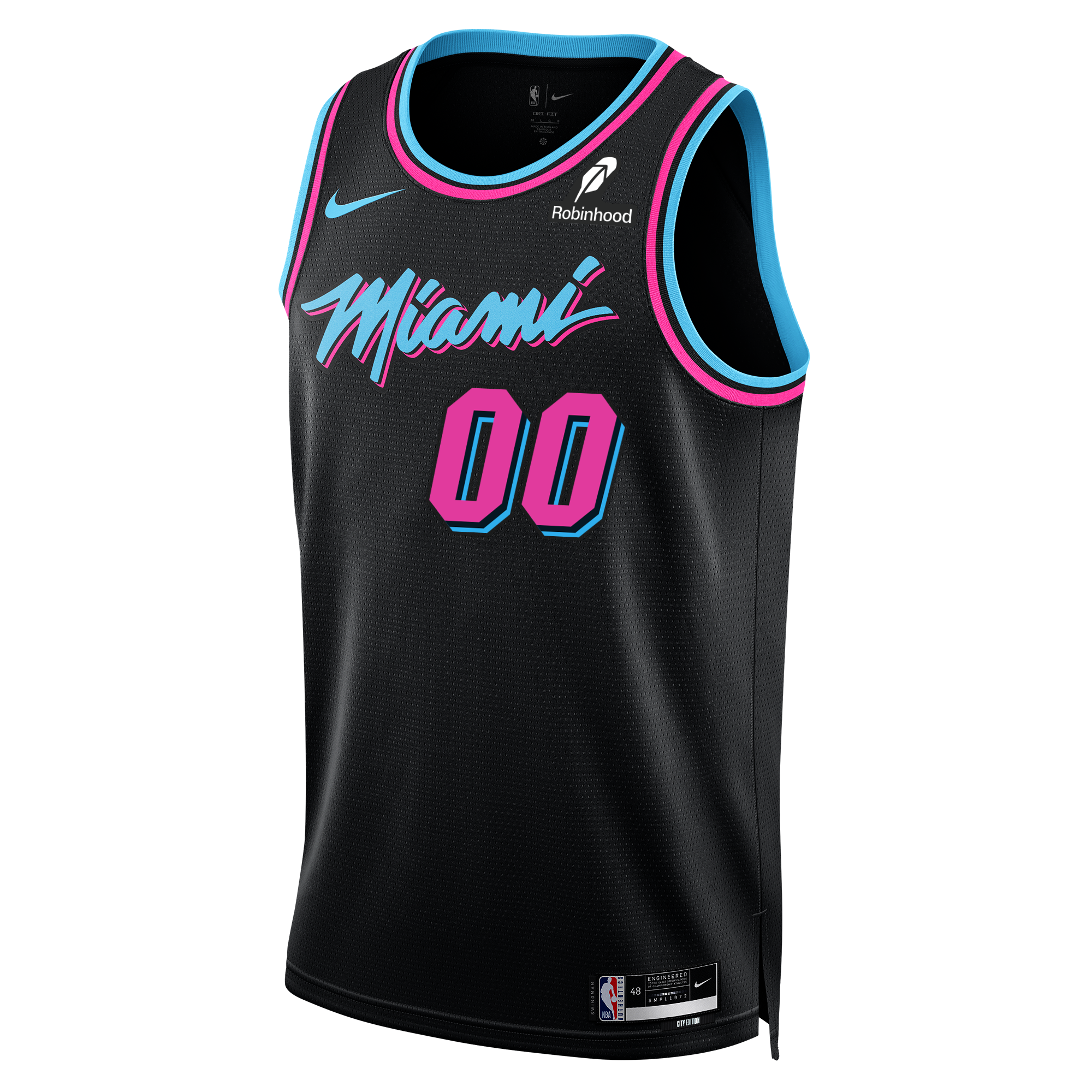 The Ryan Conwell Nike Original Vice Nights Youth Swingman Jersey features a black design with blue and pink trim, “Miami” script, number 00, and Nike logos. Dri-FIT tech provides advanced moisture wicking to keep you cool on and off the court.
