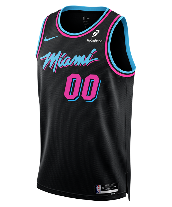 Two black Ryan Conwell Nike Original Vice Nights Youth Swingman Jerseys with pink and blue accents. Made by Nike, they feature Dri-FIT technology. Front shows 