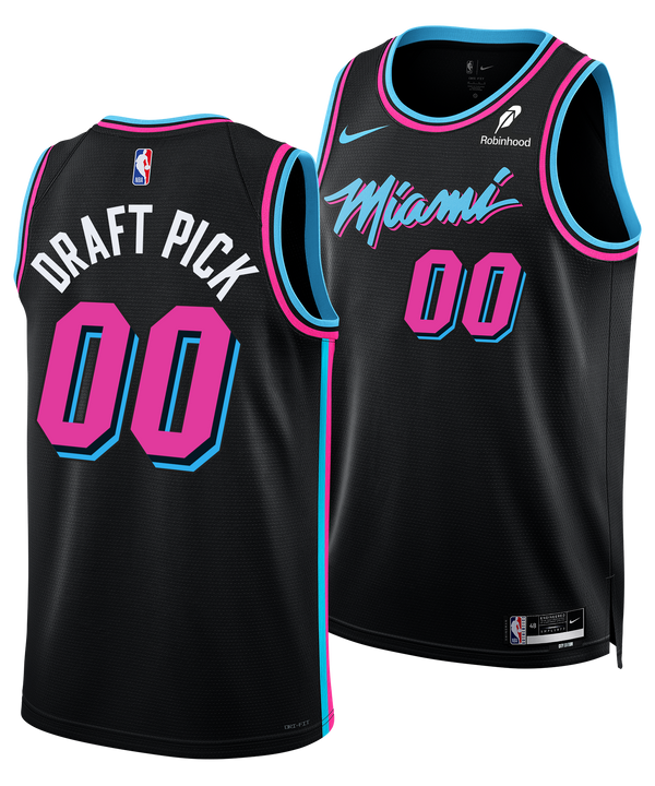 Two black Ryan Conwell Nike Original Vice Nights Youth Swingman Jerseys with pink and blue accents. Made by Nike, they feature Dri-FIT technology. Front shows 