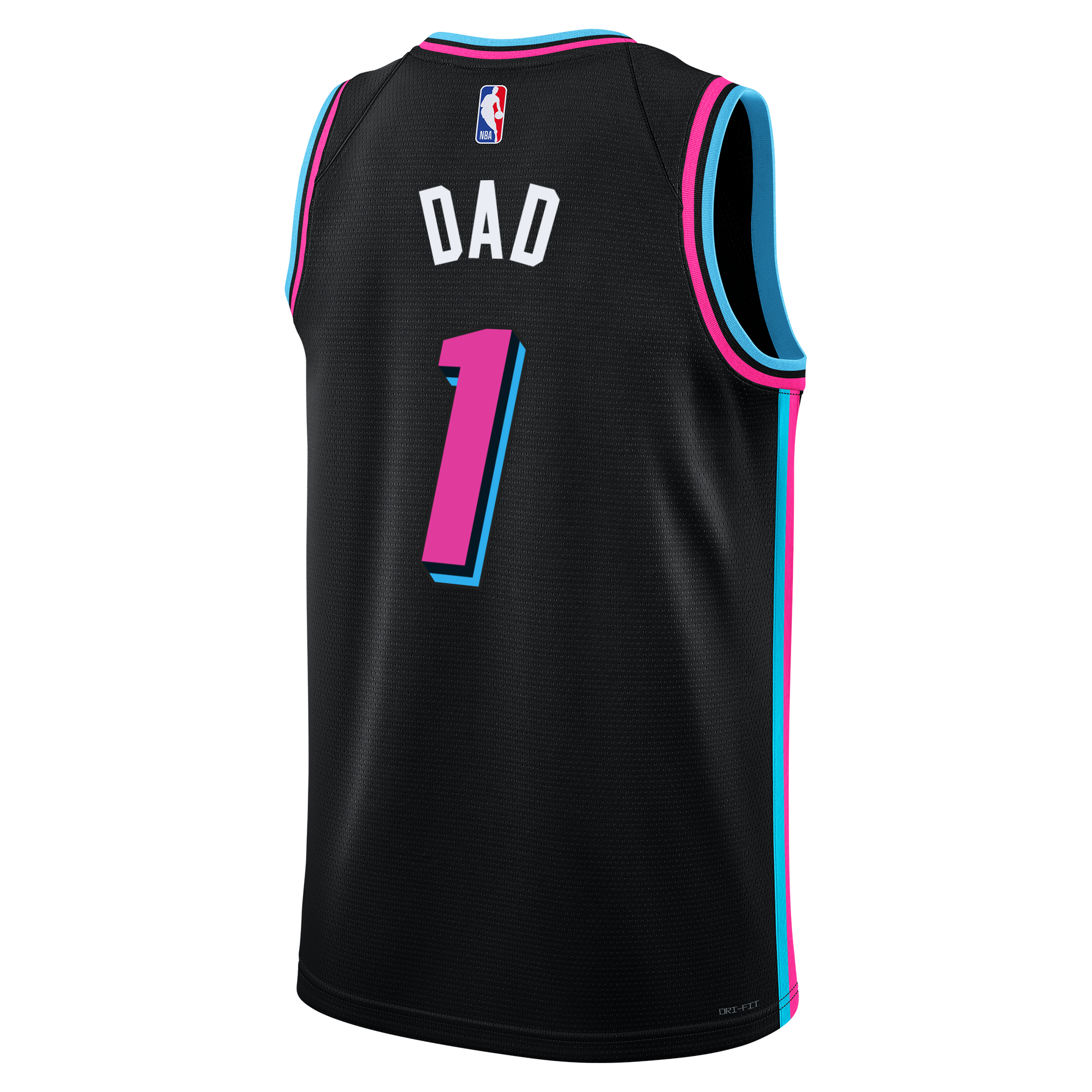 The Nike #1 Dad Original Vice Nights Swingman Jersey features a black base with turquoise and pink trim, NBA logo, NBA Championship patch, DAD name, and number 1 in pink and turquoise on the back.