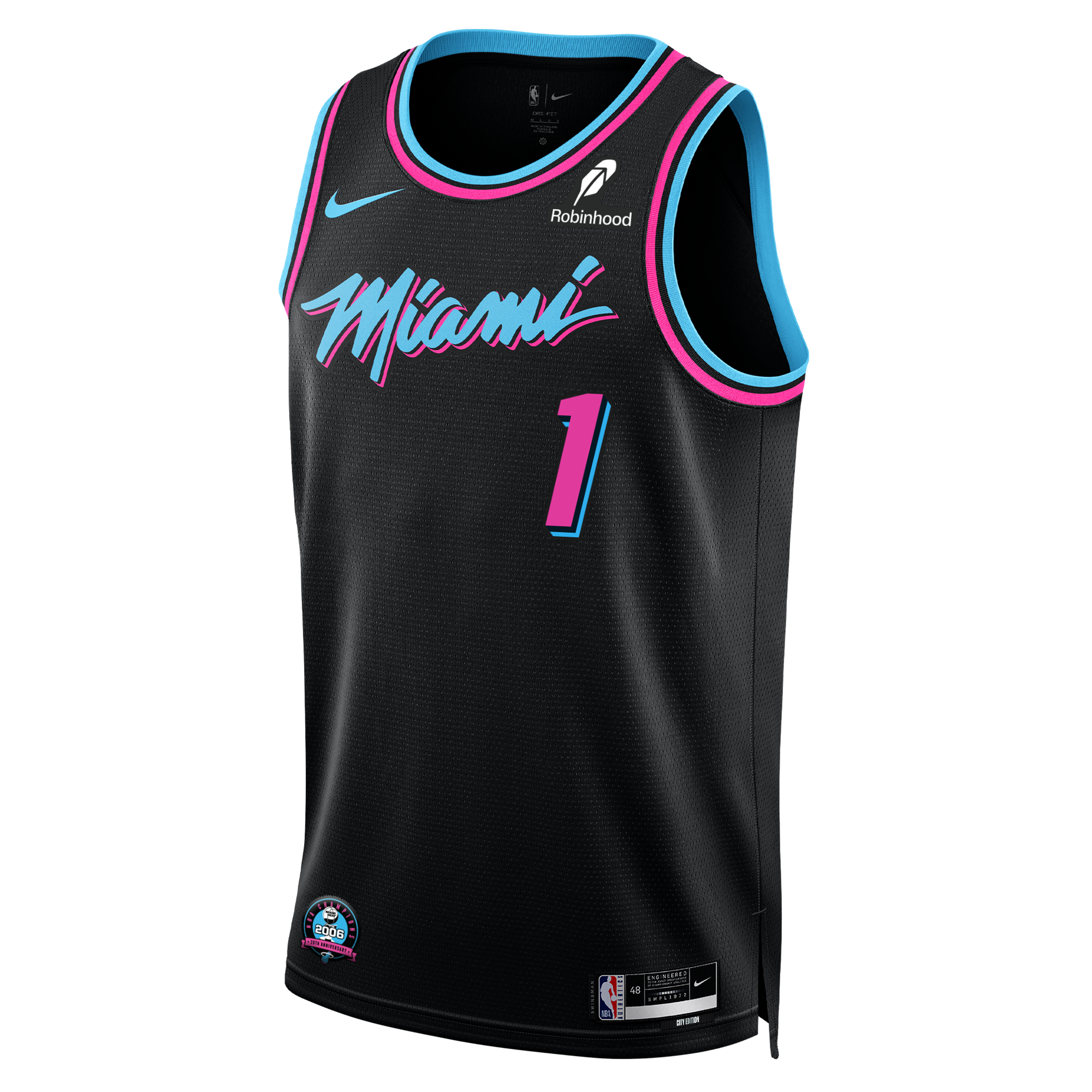 The #1 Dad Nike Original Vice Nights Swingman Jersey features a black design with blue and pink accents, 