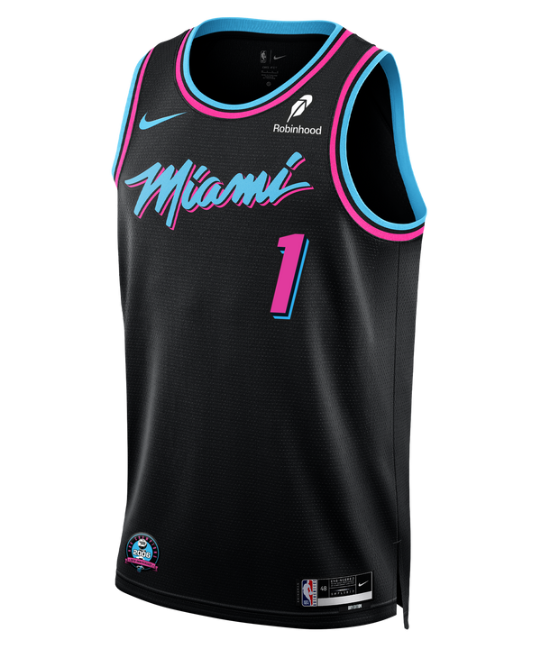 The #1 Dad Nike Original Vice Nights Swingman Jersey by Nike features black fabric with neon blue and pink accents, “Miami” and number 1 on the front, “DAD” and number 1 on the back, plus sponsor logos and an NBA Championship patch.
