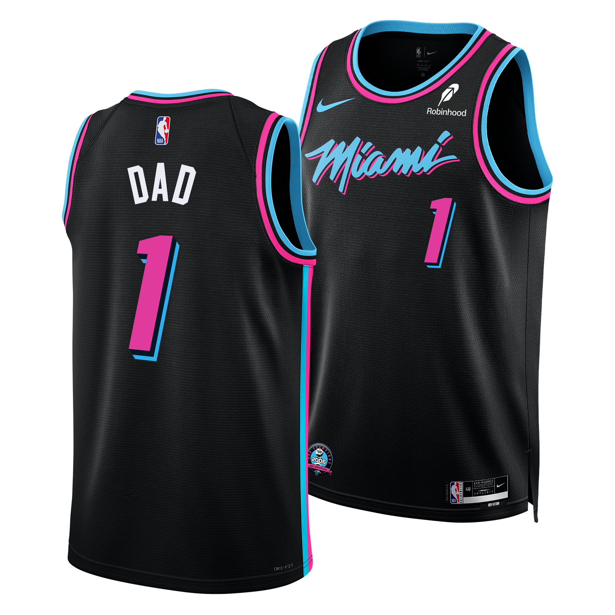 The #1 Dad Nike Original Vice Nights Swingman Jersey by Nike features black fabric with neon blue and pink accents, “Miami” and number 1 on the front, “DAD” and number 1 on the back, plus sponsor logos and an NBA Championship patch.