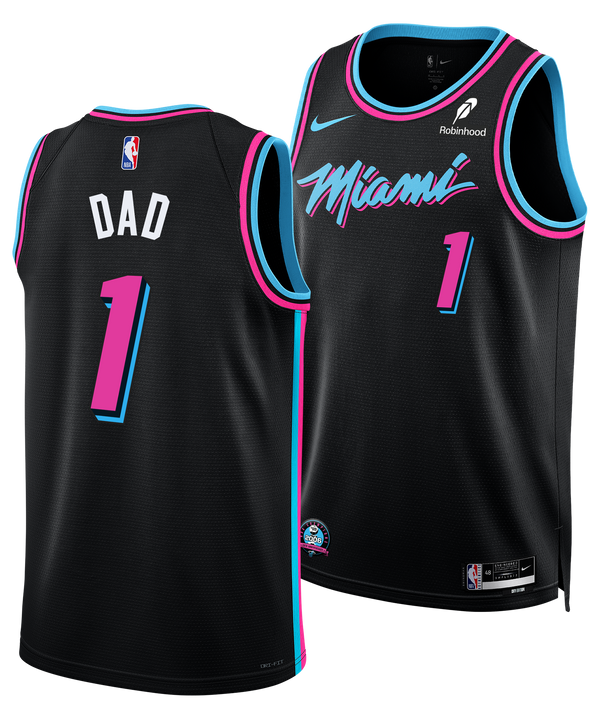 The #1 Dad Nike Original Vice Nights Swingman Jersey by Nike features black fabric with neon blue and pink accents, “Miami” and number 1 on the front, “DAD” and number 1 on the back, plus sponsor logos and an NBA Championship patch.