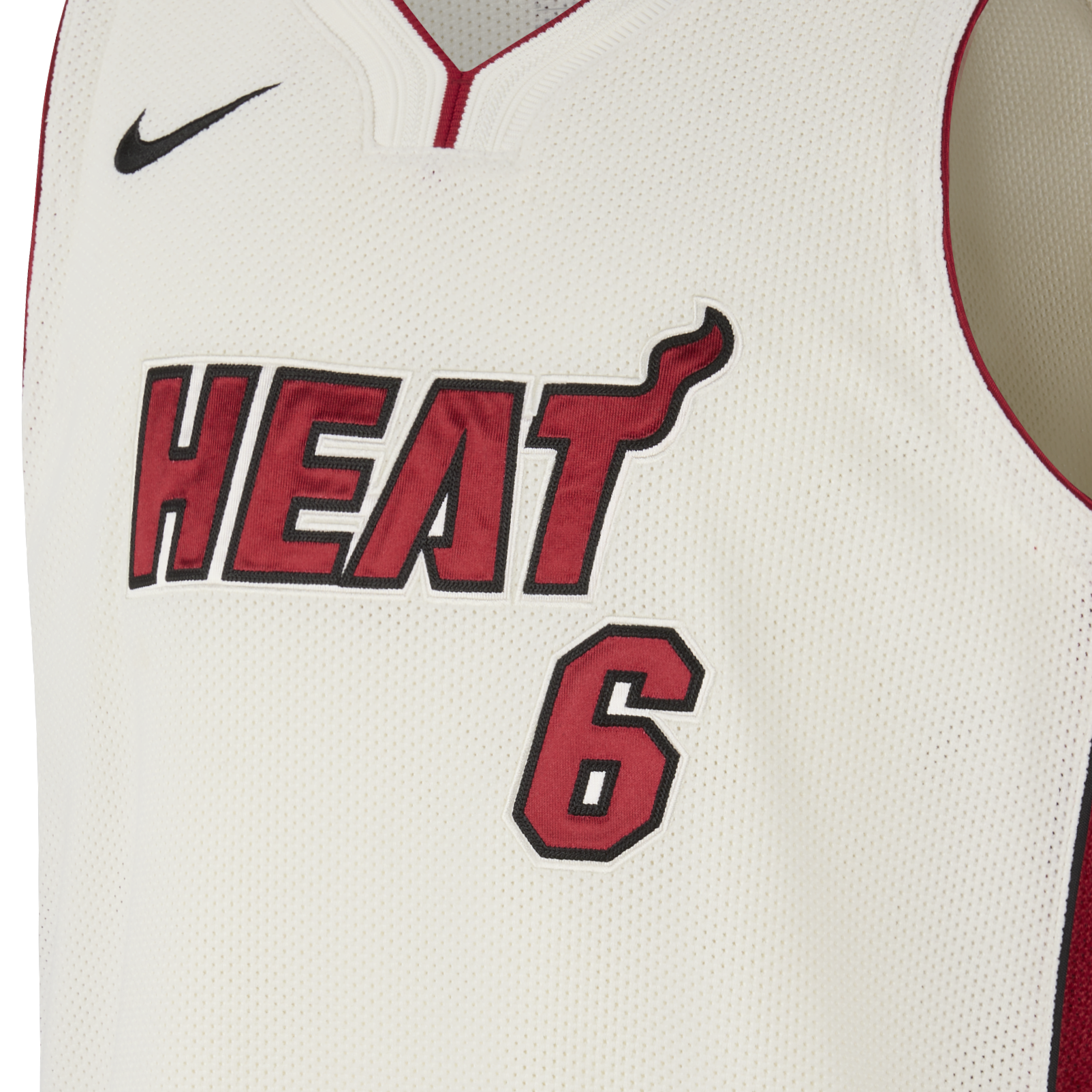 Close-up of the Nike Miami HEAT LeBron James Forever King Jersey in white, displaying 