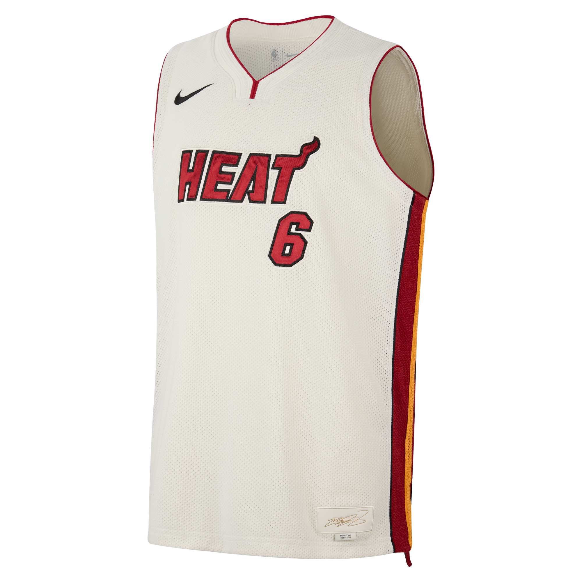 The Nike Miami HEAT LeBron James Forever King Jersey features the number 6, white color with red and black accents, sweat-wicking technology, Nike logo, and HEAT across the chest.