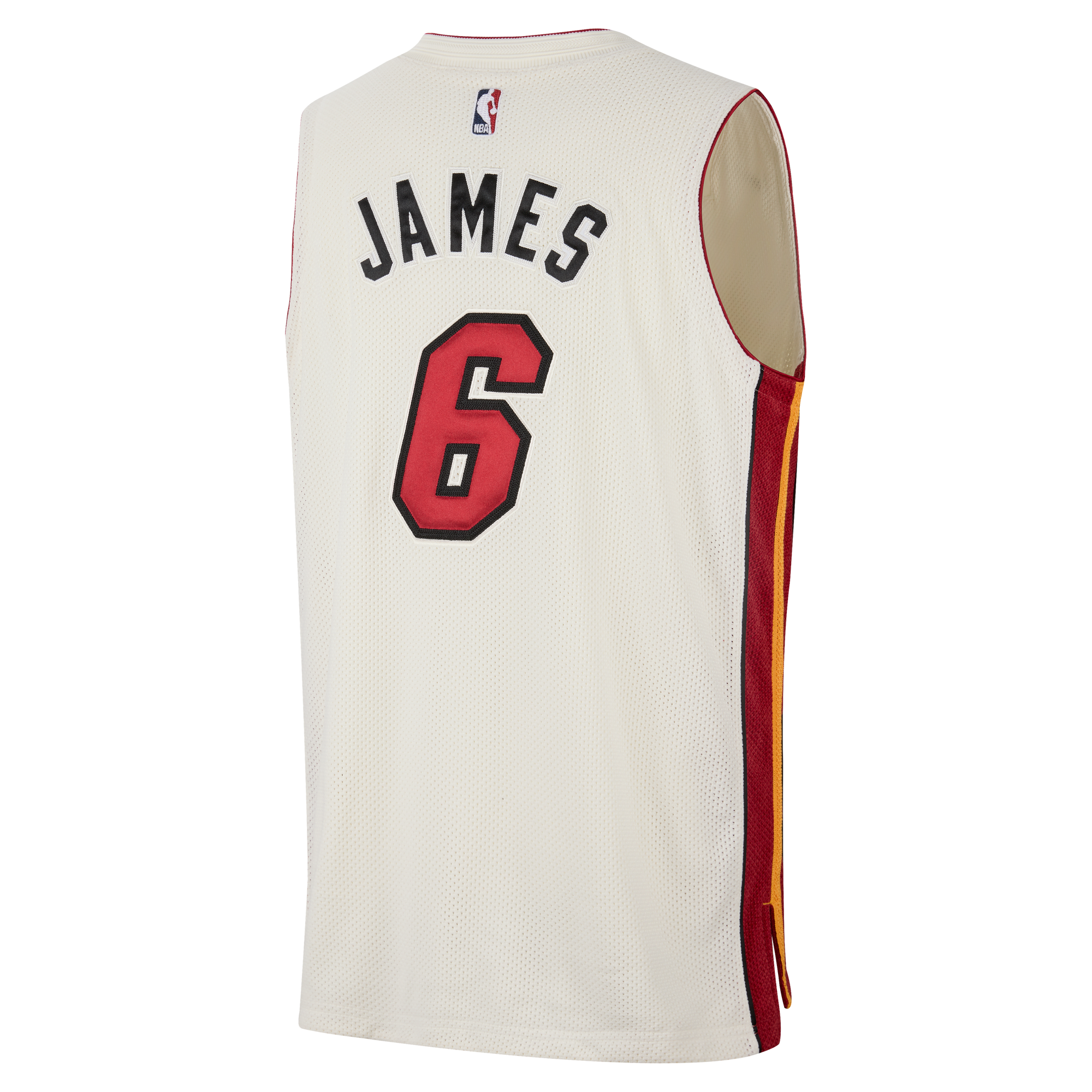 The Miami HEAT LeBron James Nike Forever King Jersey is white with red and yellow accents, JAMES and 6 on the back, Nike Dri-FIT sweat-wicking tech, and the NBA logo by the collar.