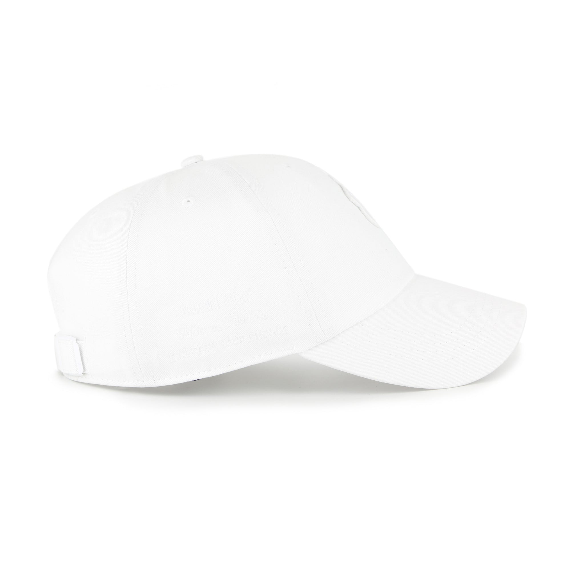 The '47 Brand Miami HEAT Contemporary White Cleanup Hat features a curved brim, adjustable back strap, one-size-fits-most design, and spot-clean care. Shown in plain white from the side.