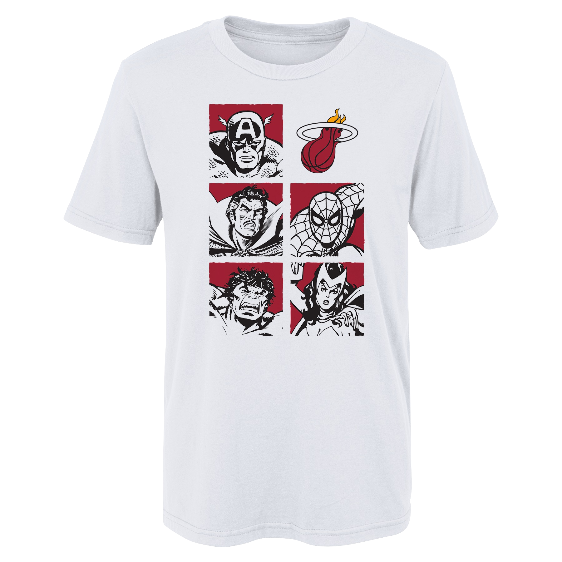 White youth T-shirt with Marvel Avengers and Miami Heat logos in red and black comic-style squares on front.