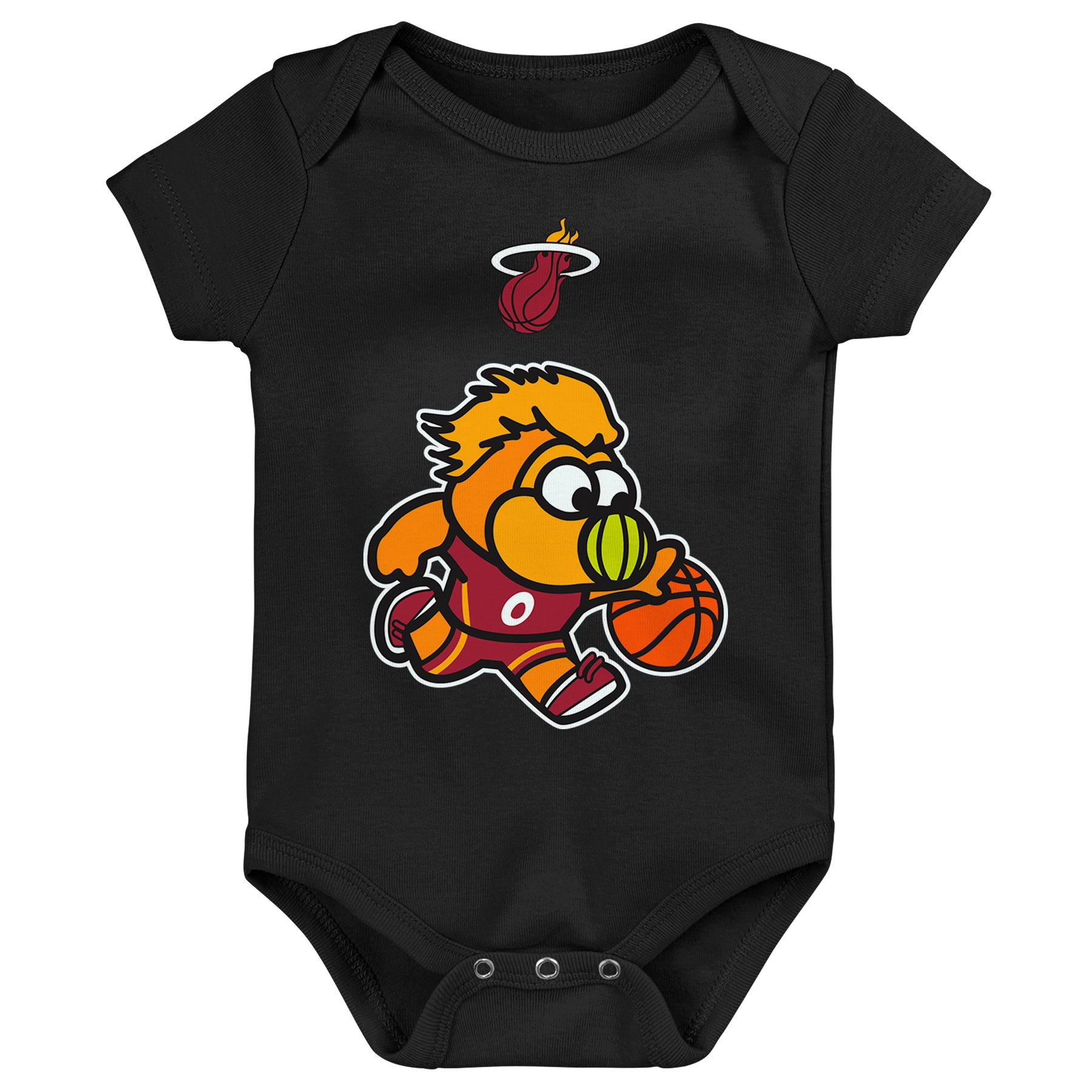 Black newborn onesie featuring Miami HEAT cartoon mascot holding basketball on front.