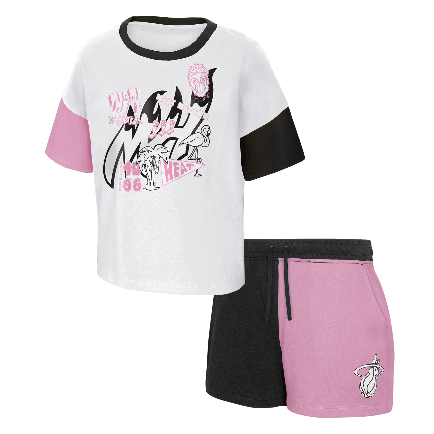 Toddler girls white T-shirt with pink and black abstract doodles, paired with pink and black shorts with drawstring and logo.