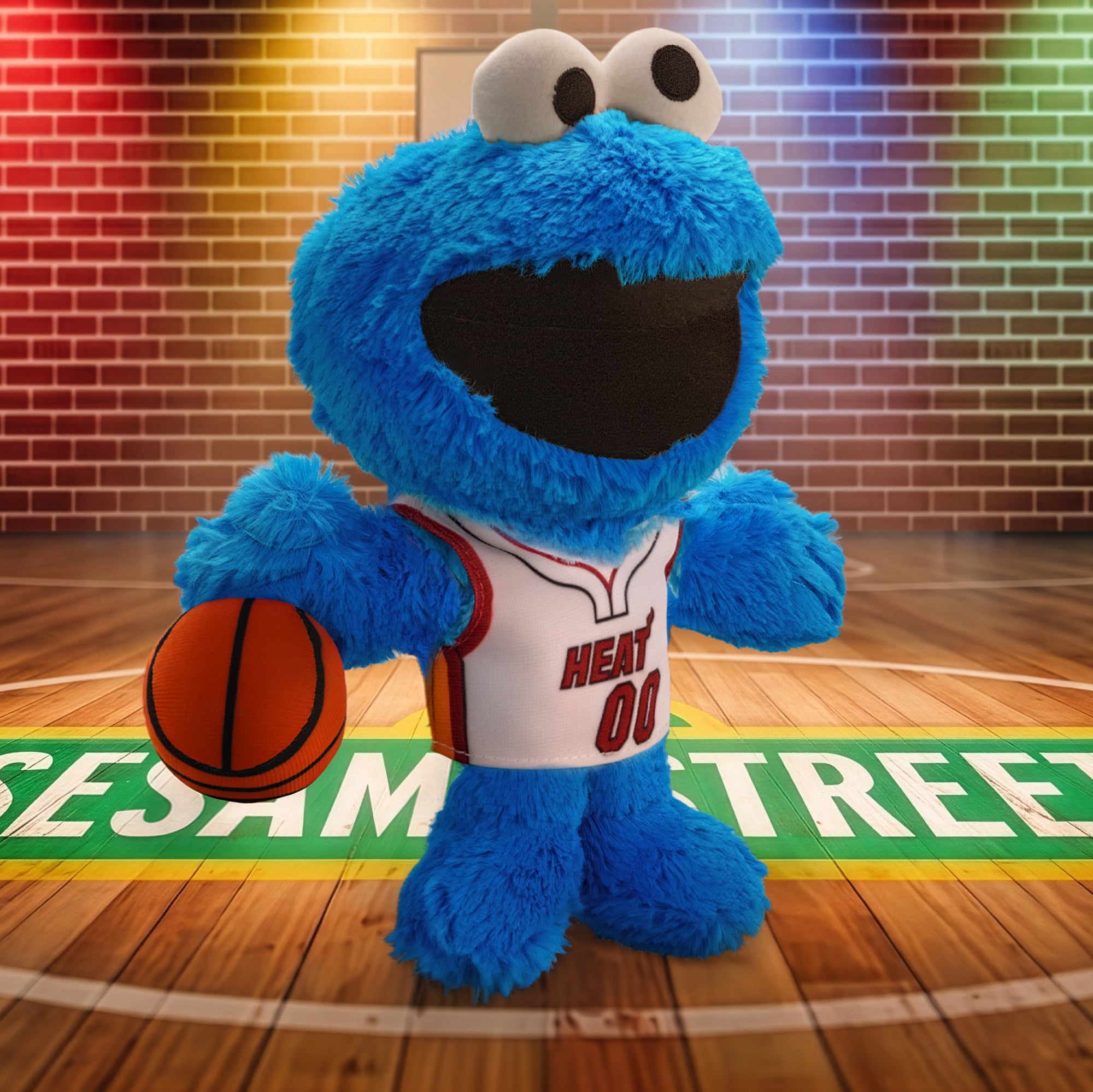 A blue, furry Bleacher Creatures Miami HEAT Cookie Monster Association Plushie stands on a basketball court with “Sesame Street” written on the floor and colorful lights in the background, looking ready to join the team.