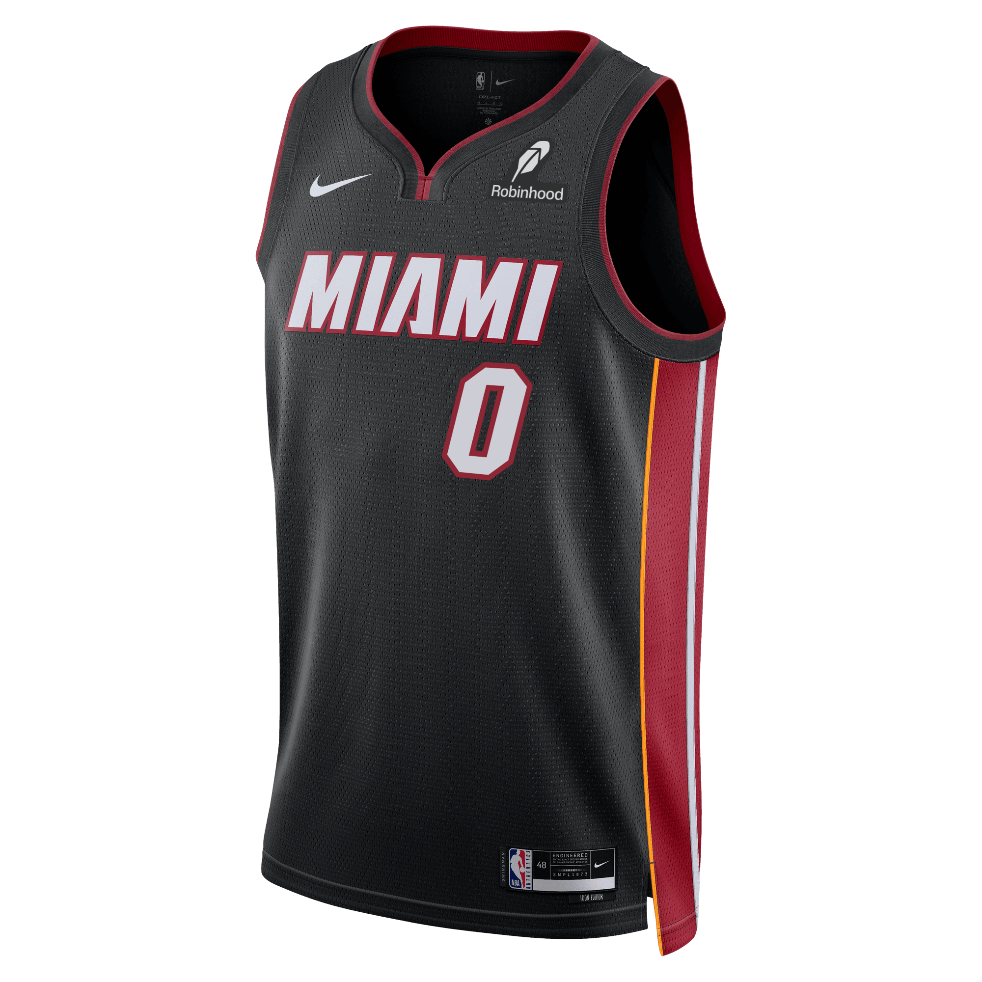 The Simone Fontecchio Nike Miami HEAT Icon Black Swingman Jersey features bold MIAMI lettering, number 0, red and yellow accents, and Nike branding—available in Swingman style for fans of iconic HEAT jerseys.
