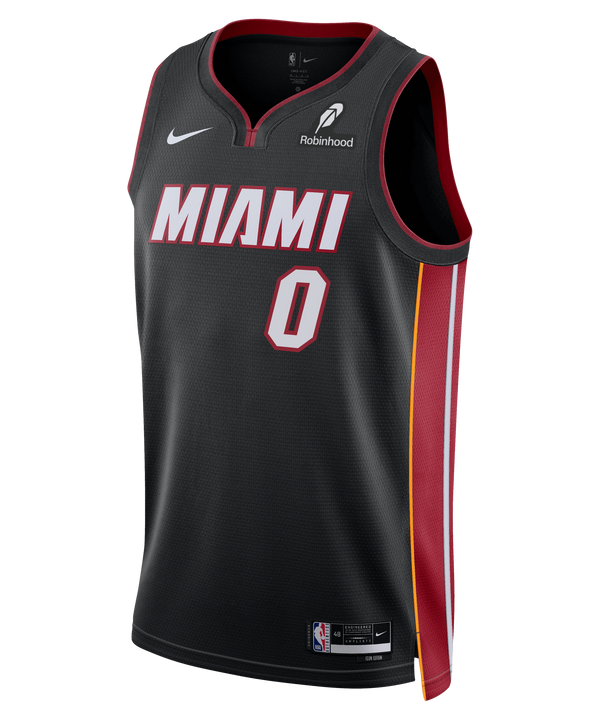 The Simone Fontecchio Nike Miami HEAT Icon Black Youth Swingman Jersey features red and white trim, bold MIAMI lettering, number 0, Nike and Robinhood logos, NBA patch, plus Dri-FIT technology for moisture-wicking comfort.
