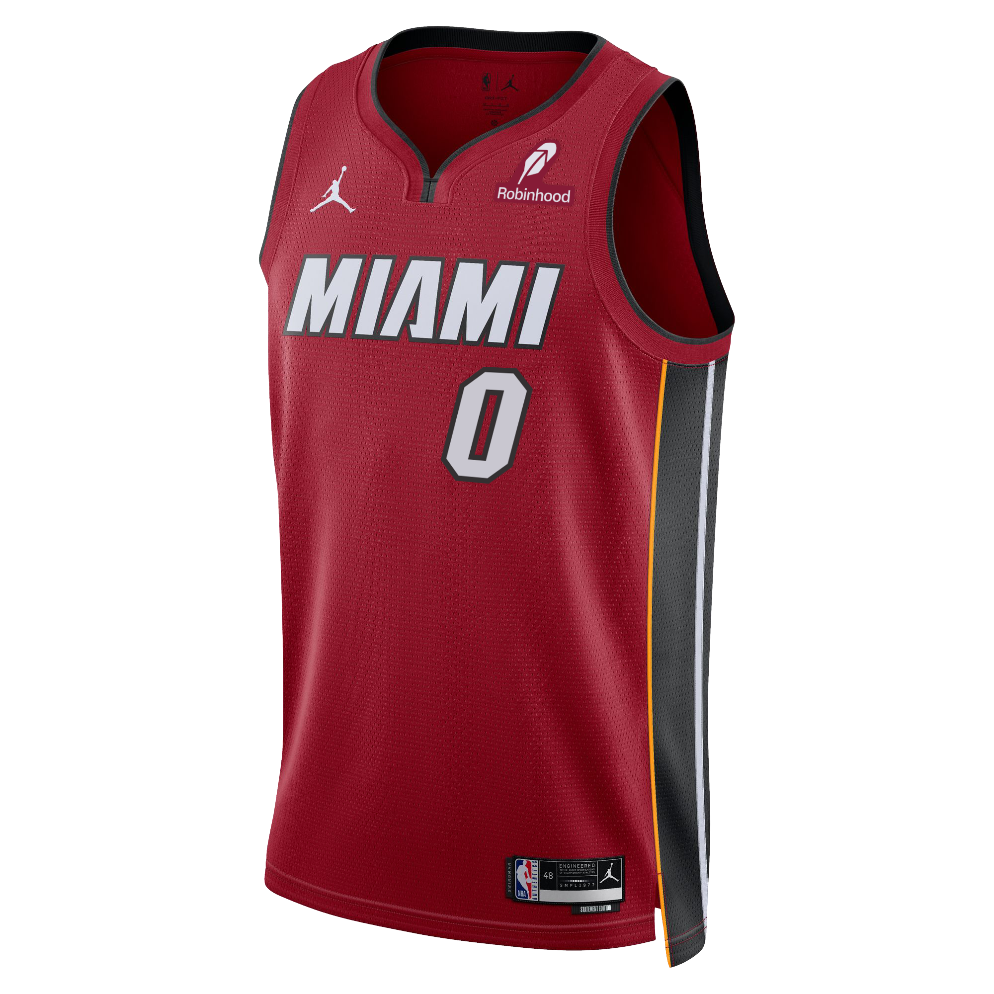 The Simone Fontecchio Nike Jordan Brand Miami HEAT Statement Red Swingman Jersey features number 0, gray sides, yellow trim, and Jumpman, Robinhood, Nike & NBA logos. Made with Nike Dri-FIT tech for superior moisture wicking.