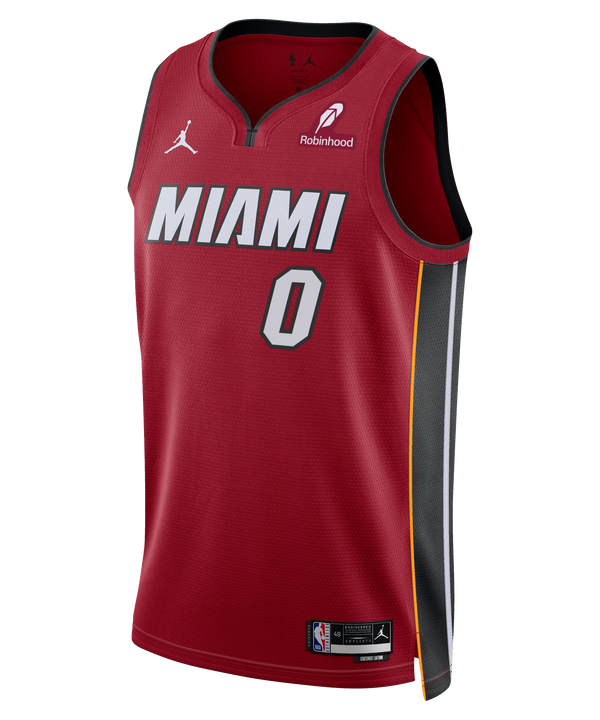 The Simone Fontecchio Nike Jordan Brand Miami HEAT Statement Red Swingman Jersey features number 0, gray sides, yellow trim, and Jumpman, Robinhood, Nike & NBA logos. Made with Nike Dri-FIT tech for superior moisture wicking.
