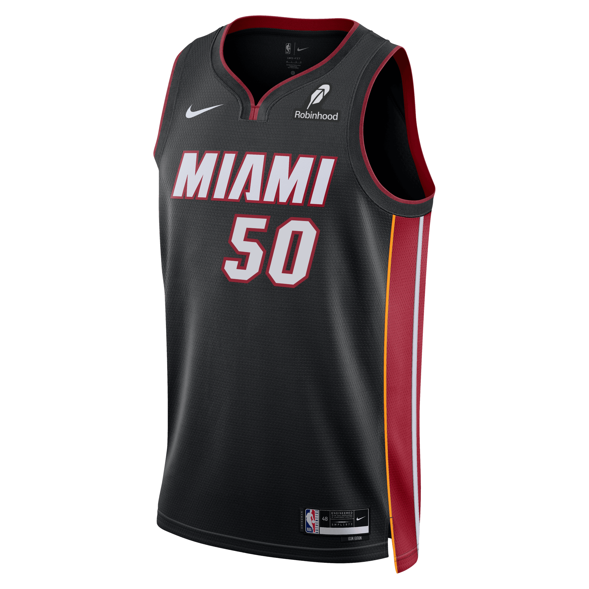 The Vladislav Goldin Nike Miami HEAT Icon Black Youth Swingman Jersey features red and white MIAMI lettering, number 50, red/yellow side stripes, Nike and Robinhood logos, NBA tag, and moisture-wicking Dri-FIT technology for comfort.