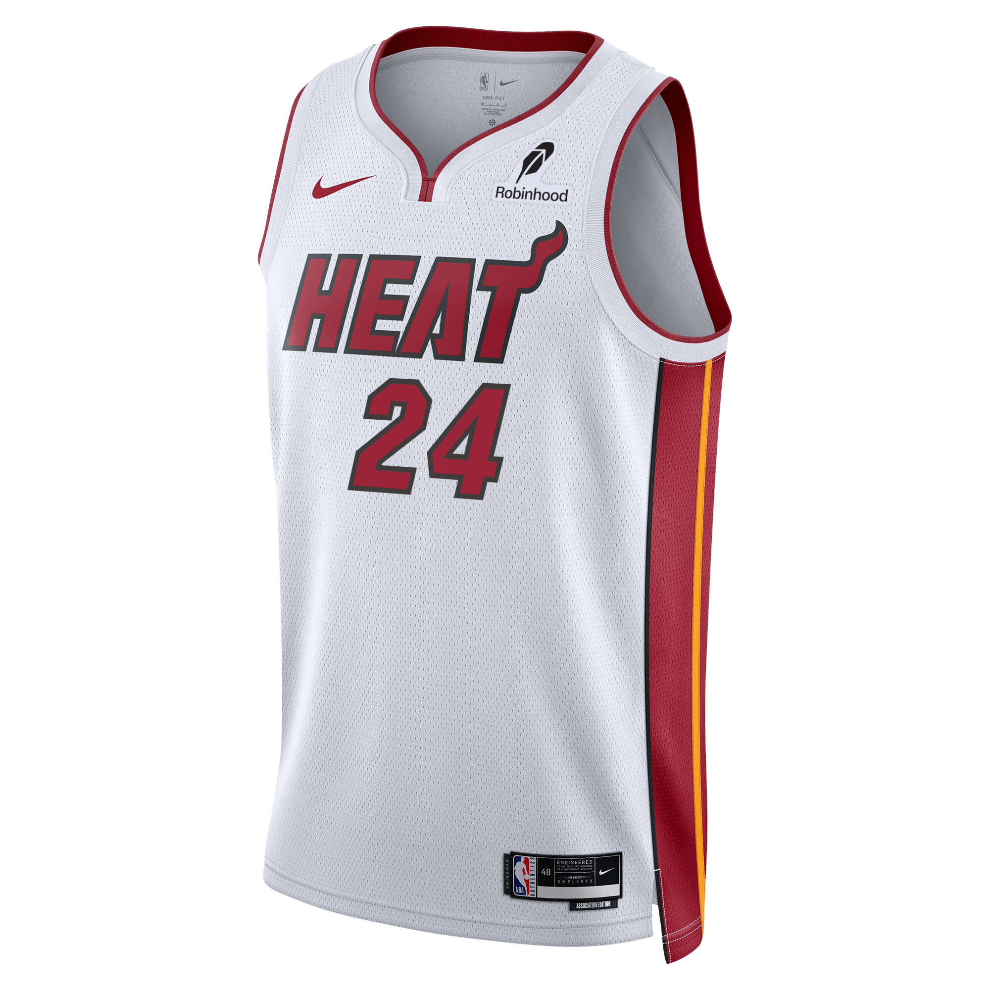 The Nike Norman Powell Miami HEAT Association White Swingman Jersey features bold HEAT lettering, number 24, red accents, yellow and red side stripes, Robinhood logo, and moisture-wicking Dri-FIT tech for comfort.