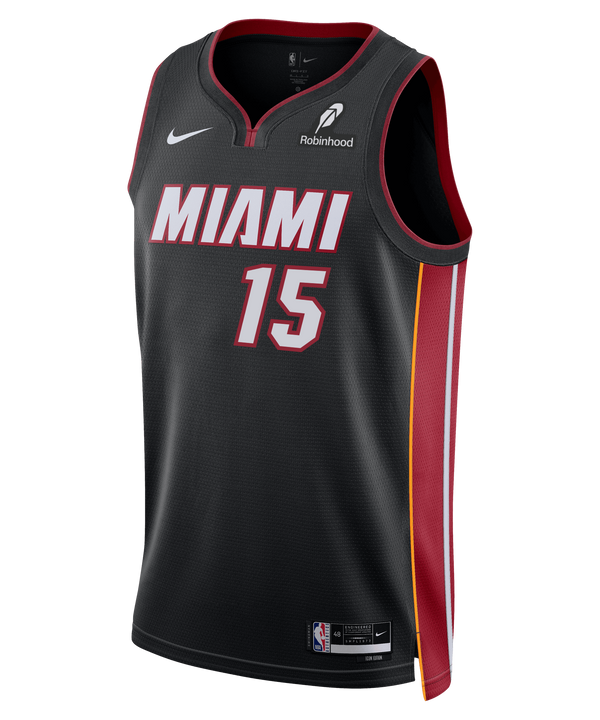 The Nike Myron Gardner Miami HEAT Icon Black Swingman Jersey features red and yellow side stripes, white and red number 15, Nike and Robinhood logos on the chest, and Dri-FIT technology for comfort.