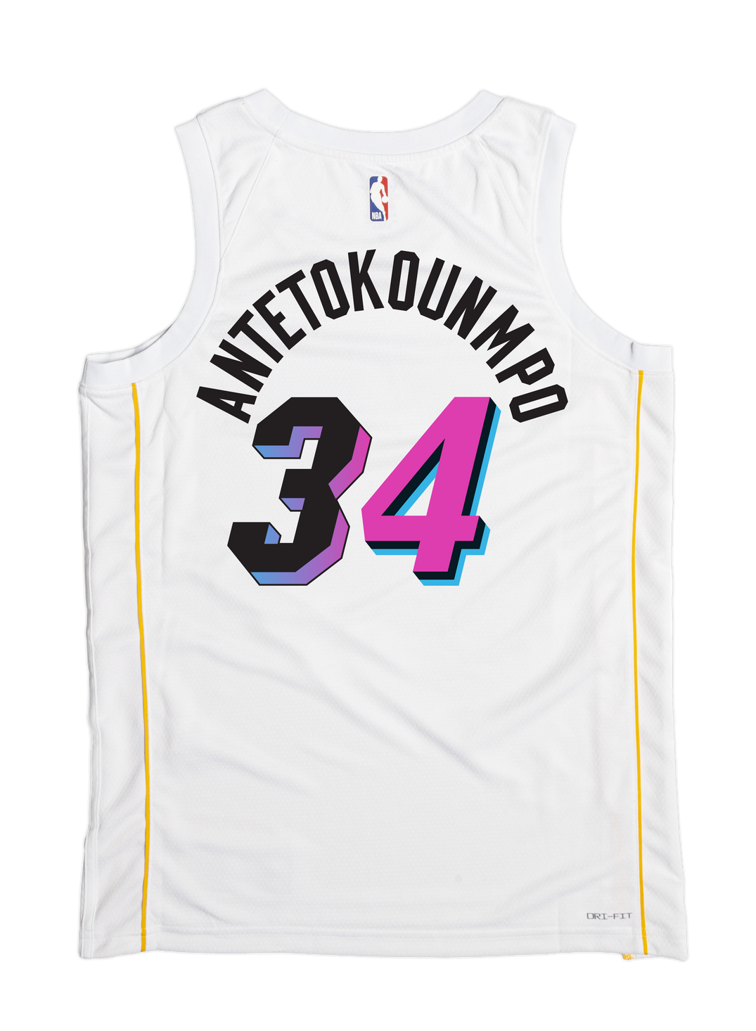 The Nike Giannis Antetokounmpo Miami Mashup Vol. 2 Swingman Jersey features his name and #34 in bold colors, yellow side stripes, and authentic NBA logos for a standout look.