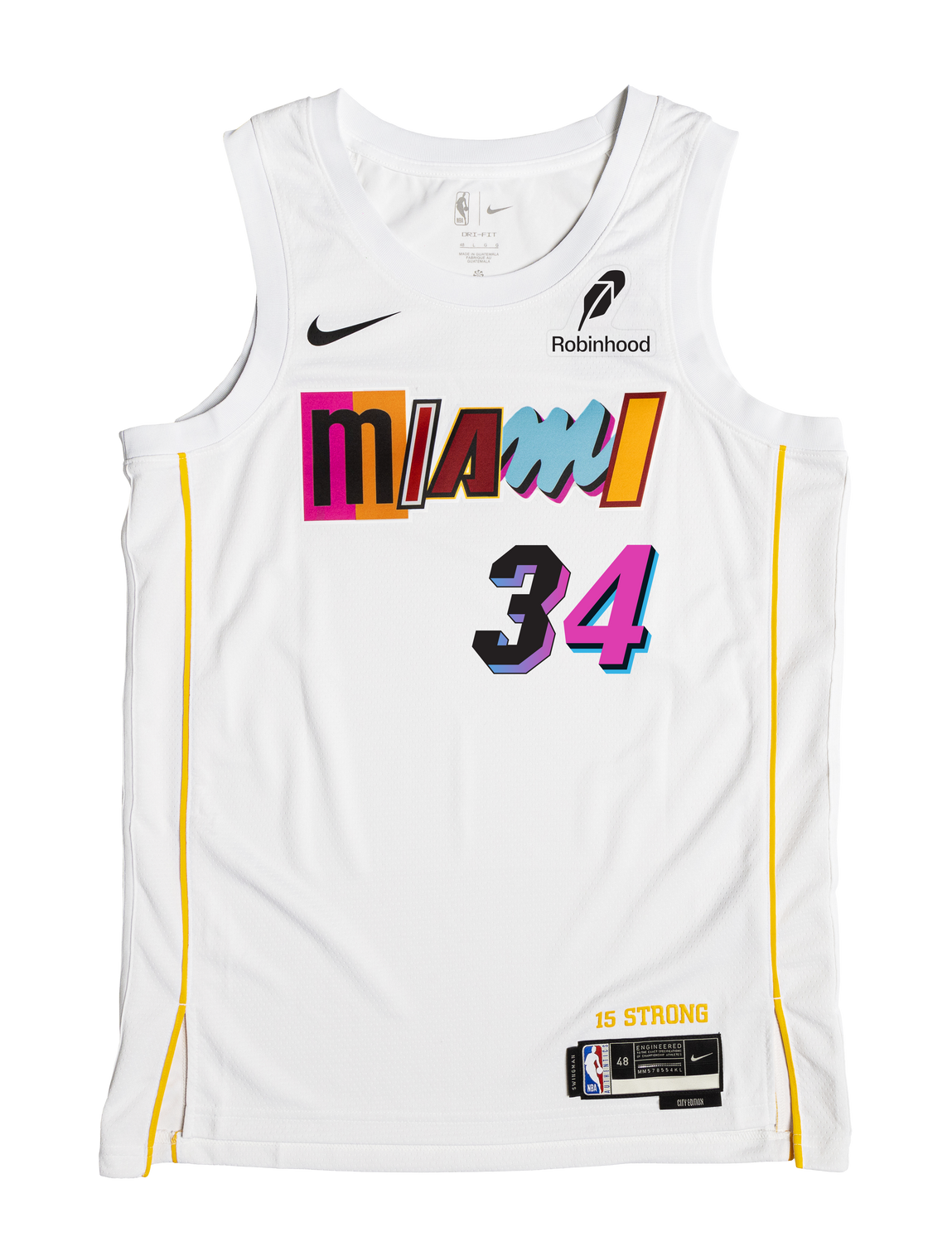 The Nike Giannis Antetokounmpo Miami Mashup Vol. 2 Swingman Jersey features a tailored fit, white Dri-FIT fabric, multicolored Miami text, authentic logos, vibrant 34 numbers, yellow side stripes, and a 15 STRONG patch near the hem.