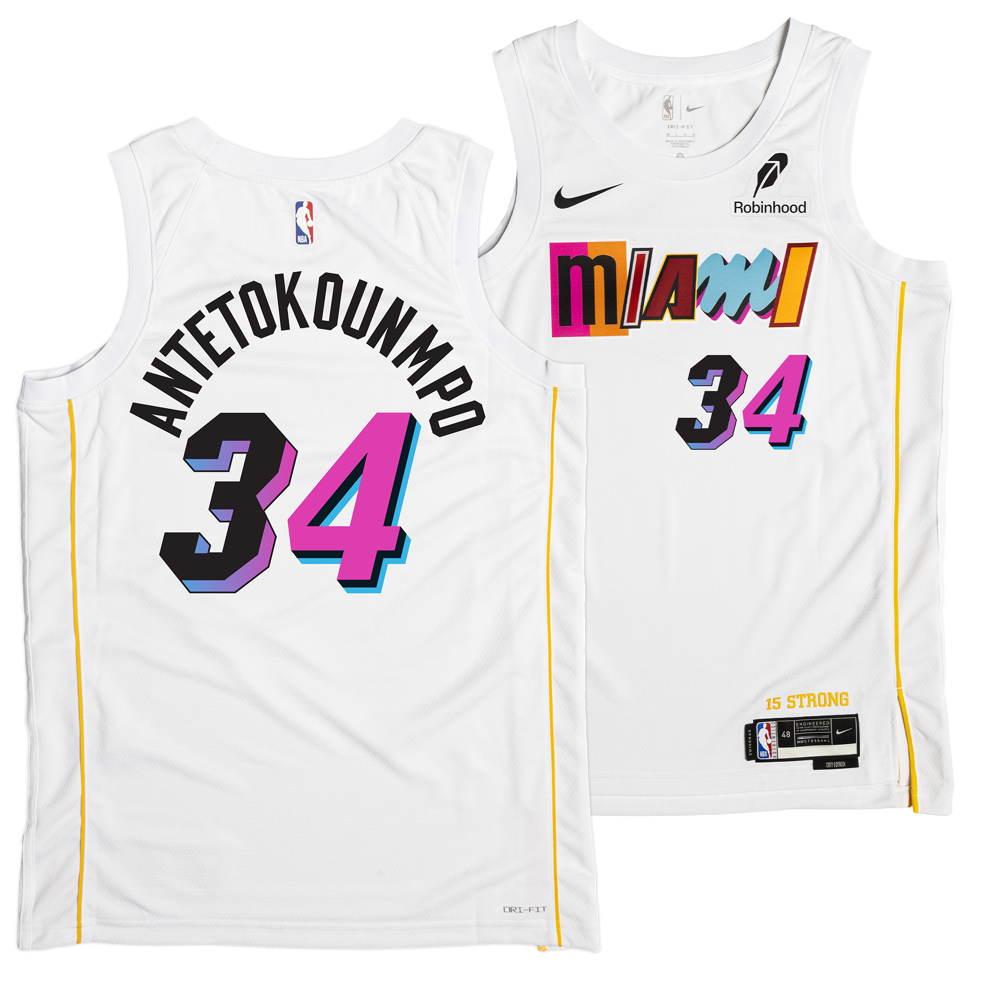 Two white Nike Miami Mashup Vol. 2 Swingman jerseys featuring colorful Miami text, Antetokounmpo and number 34 on the back, yellow side stripes, authentic logos, and sponsor logos.