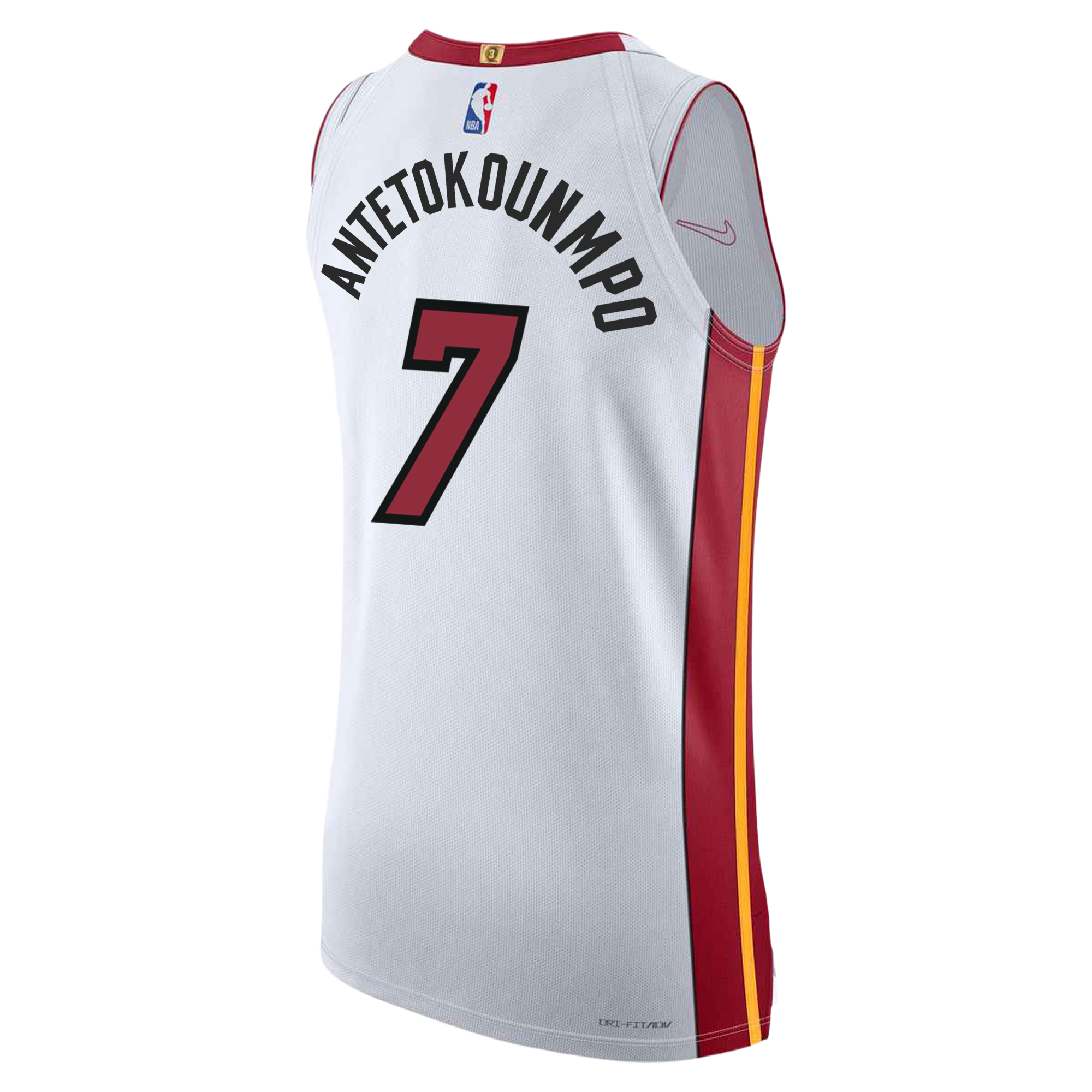 A Nike Miami HEAT Association White Authentic Jersey featuring Giannis Antetokounmpo’s name and number 7, with red and yellow side panels and twill team details, is displayed at an angle.