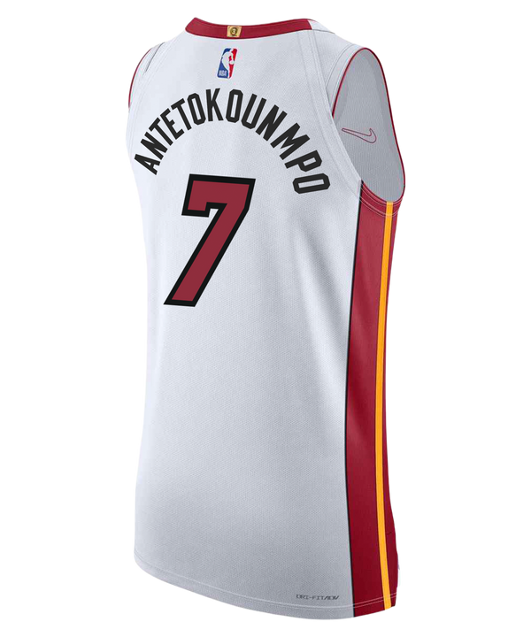The Giannis Antetokounmpo Nike Miami HEAT Association White Authentic Jersey features bold red HEAT text and number 7 on the front, with striking red and yellow striped knit side stripes and a signature Nike logo on the shoulder. Twill team details provide an authentic touch, while the Robinhood sponsor logo completes the look.