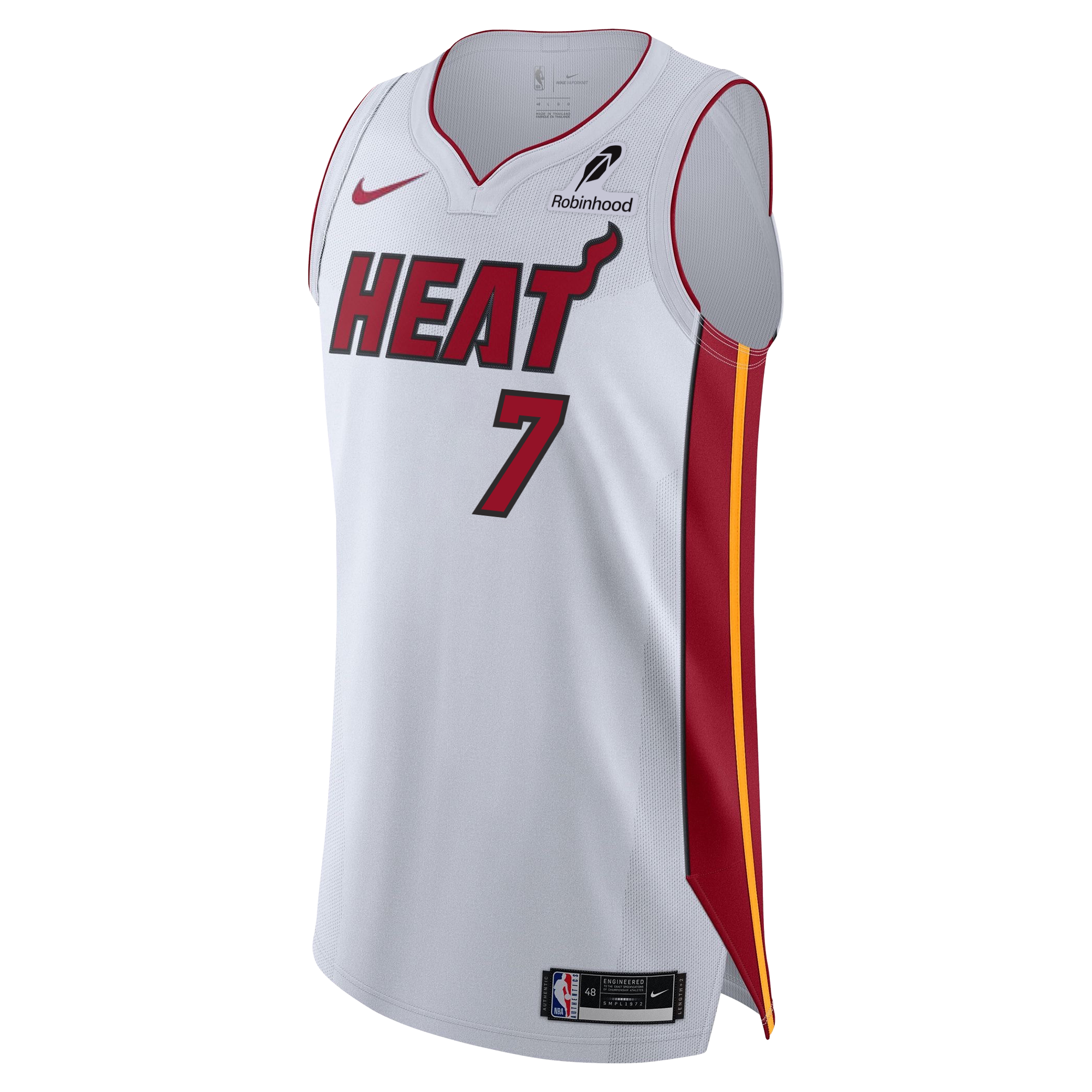The Giannis Antetokounmpo Nike Miami HEAT Association White Authentic Jersey features bold red HEAT text and number 7 on the front, with striking red and yellow striped knit side stripes and a signature Nike logo on the shoulder. Twill team details provide an authentic touch, while the Robinhood sponsor logo completes the look.