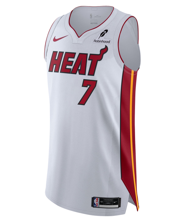The Giannis Antetokounmpo Nike Miami HEAT Association White Authentic Jersey features bold red HEAT text and number 7 on the front, with striking red and yellow striped knit side stripes and a signature Nike logo on the shoulder. Twill team details provide an authentic touch, while the Robinhood sponsor logo completes the look.