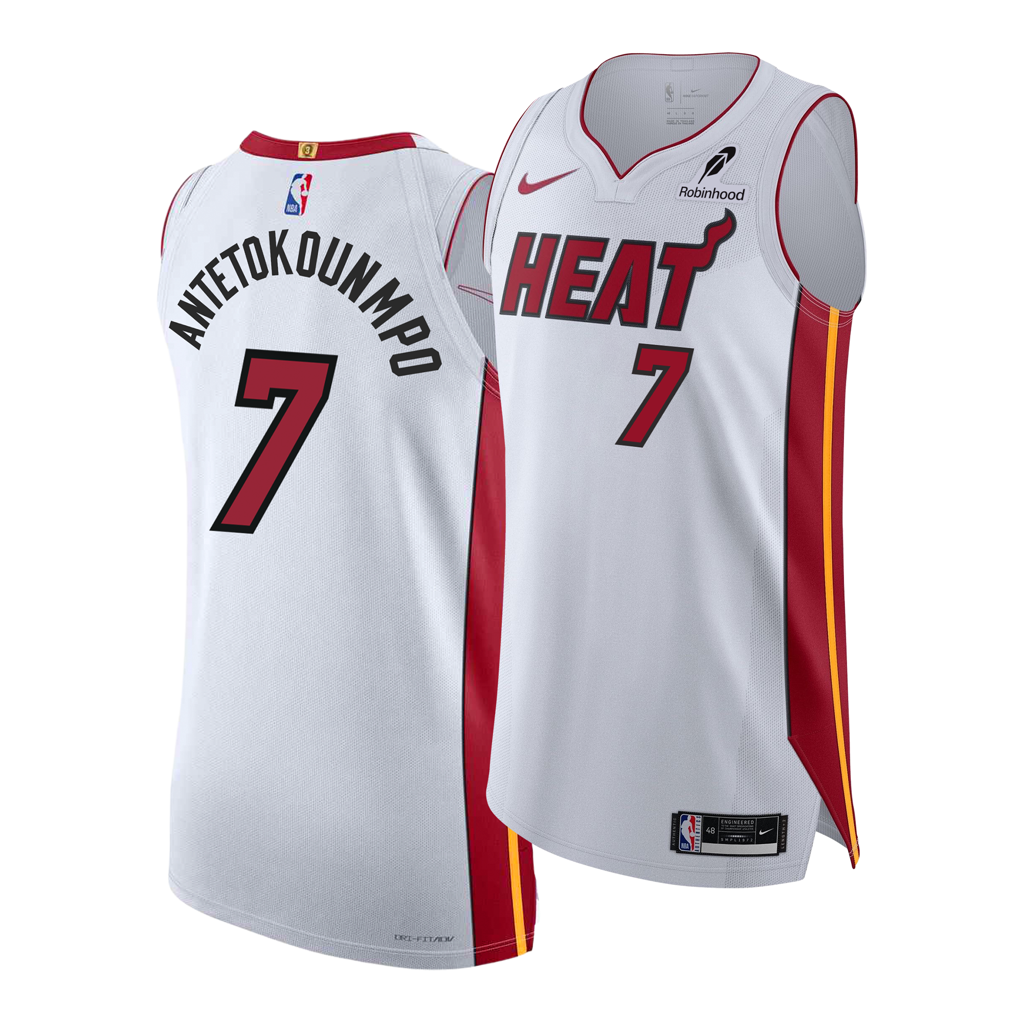 Giannis Antetokounmpo Nike Miami HEAT Association White Authentic Jersey by Nike, featuring the number 7 and Antetokounmpo’s name on the back. This white pro game jersey showcases red and yellow striped knit accents, with twill team details and Heat logo as well as sponsor logos on the front.