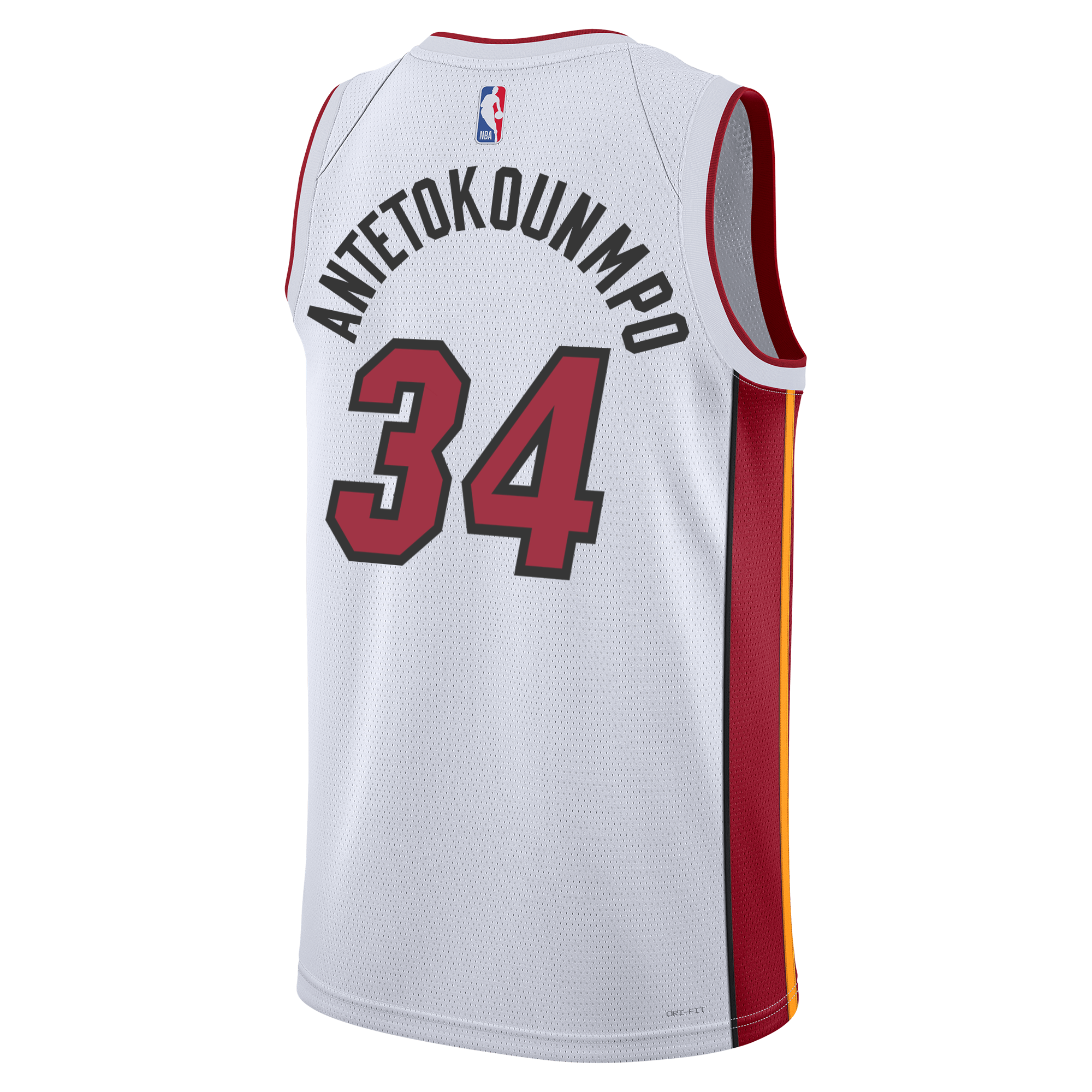 The Nike Giannis Antetokounmpo Miami HEAT Association White Youth Swingman Jersey features red and yellow side panels, NBA logo, Antetokounmpo’s name and #34 on the back, and moisture-wicking Dri-FIT fabric for comfort.
